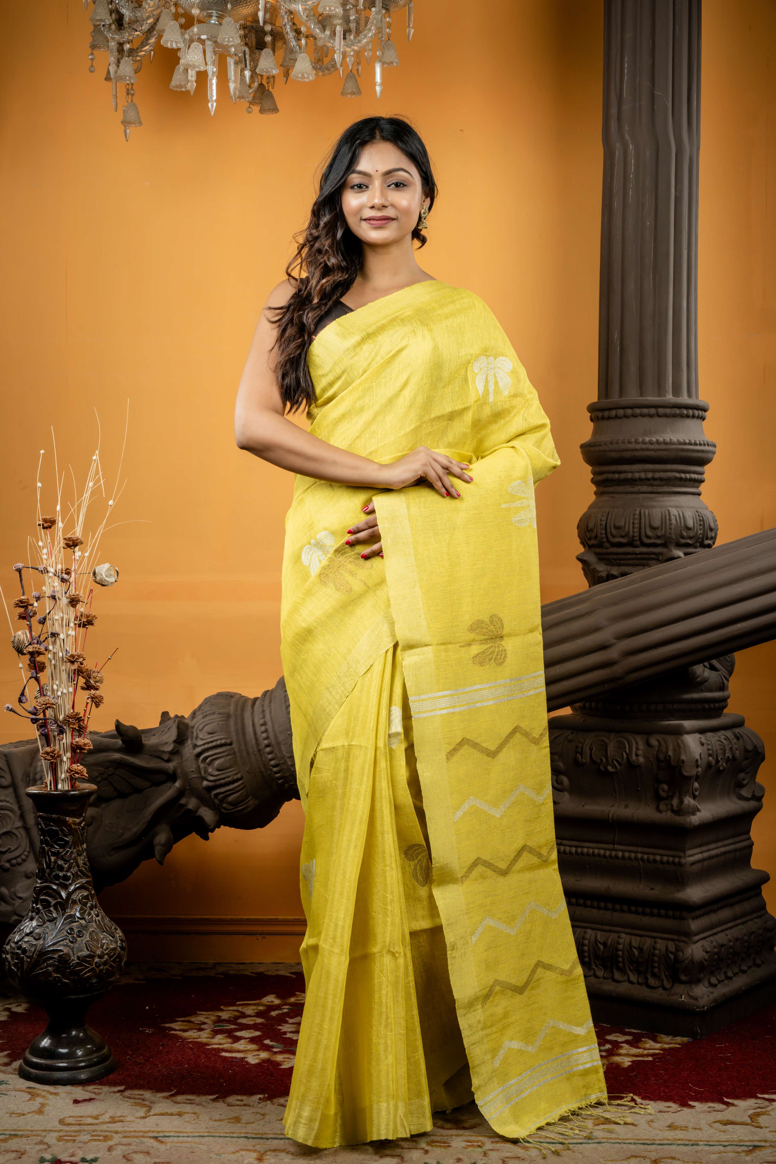 Olivia || Light Olive Yellow Linen Bengal Handloom Saree with all over Silver & Antique Gold Zari Dragonfly motif and ZigZag Stripe Pallu
