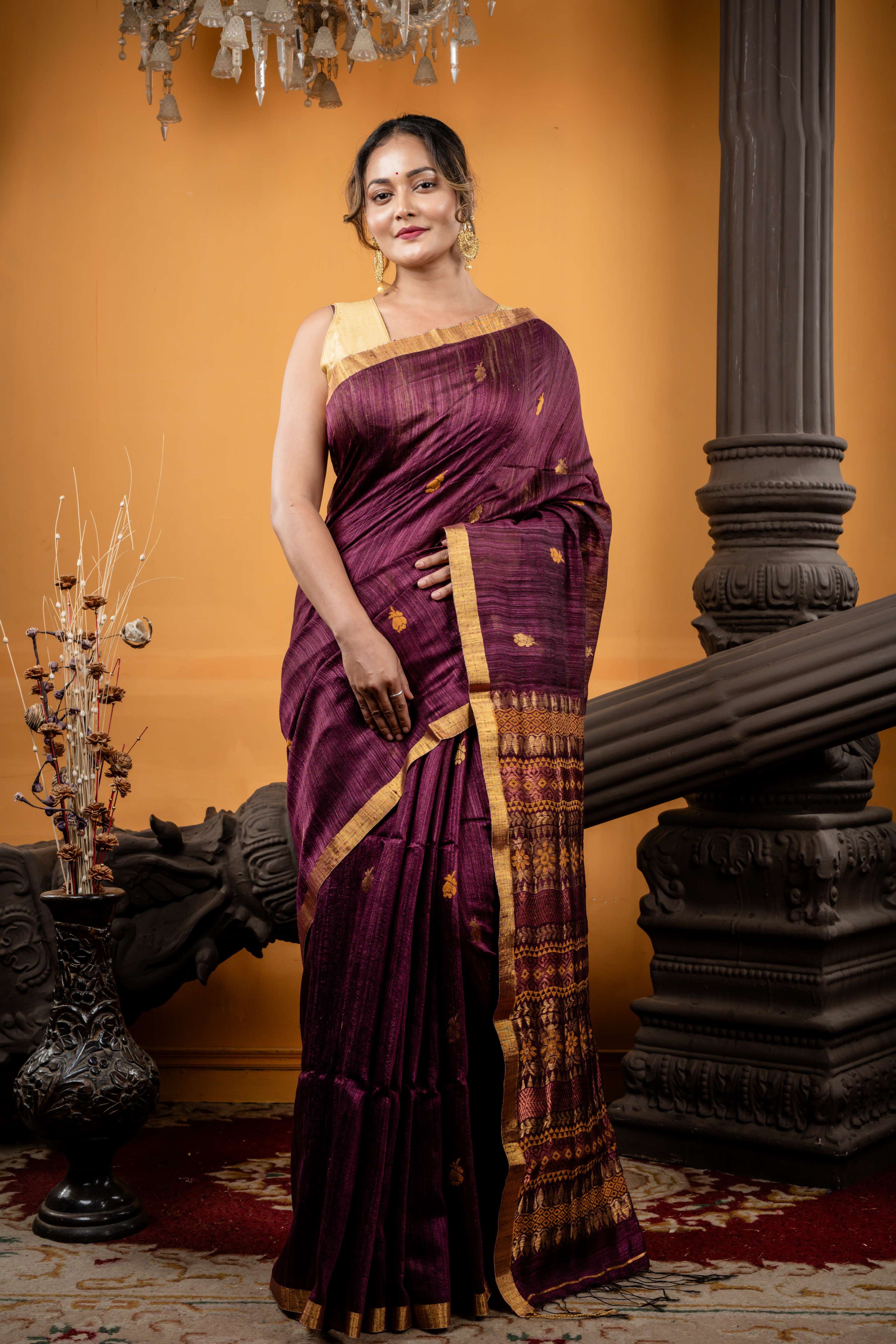 Chaitali || Wine Matka Bengal Handloom Saree with all over Mustard Yellow Resham & Antique Gold Zari Buti, Antique Gold Zari plain Border and Pallu in Assamese design & Copper highlights