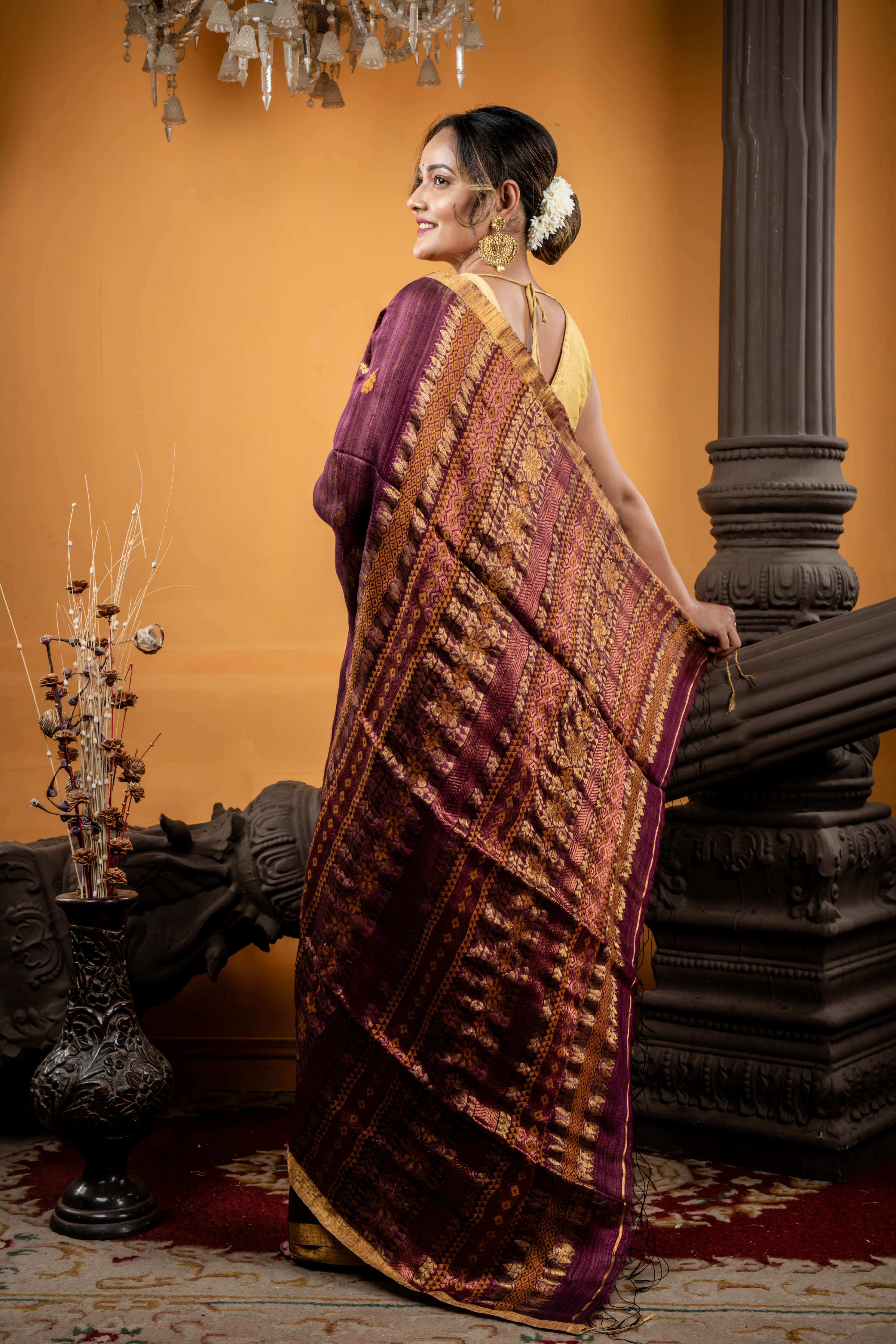 Chaitali || Wine Matka Bengal Handloom Saree with all over Mustard Yellow Resham & Antique Gold Zari Buti, Antique Gold Zari plain Border and Pallu in Assamese design & Copper highlights