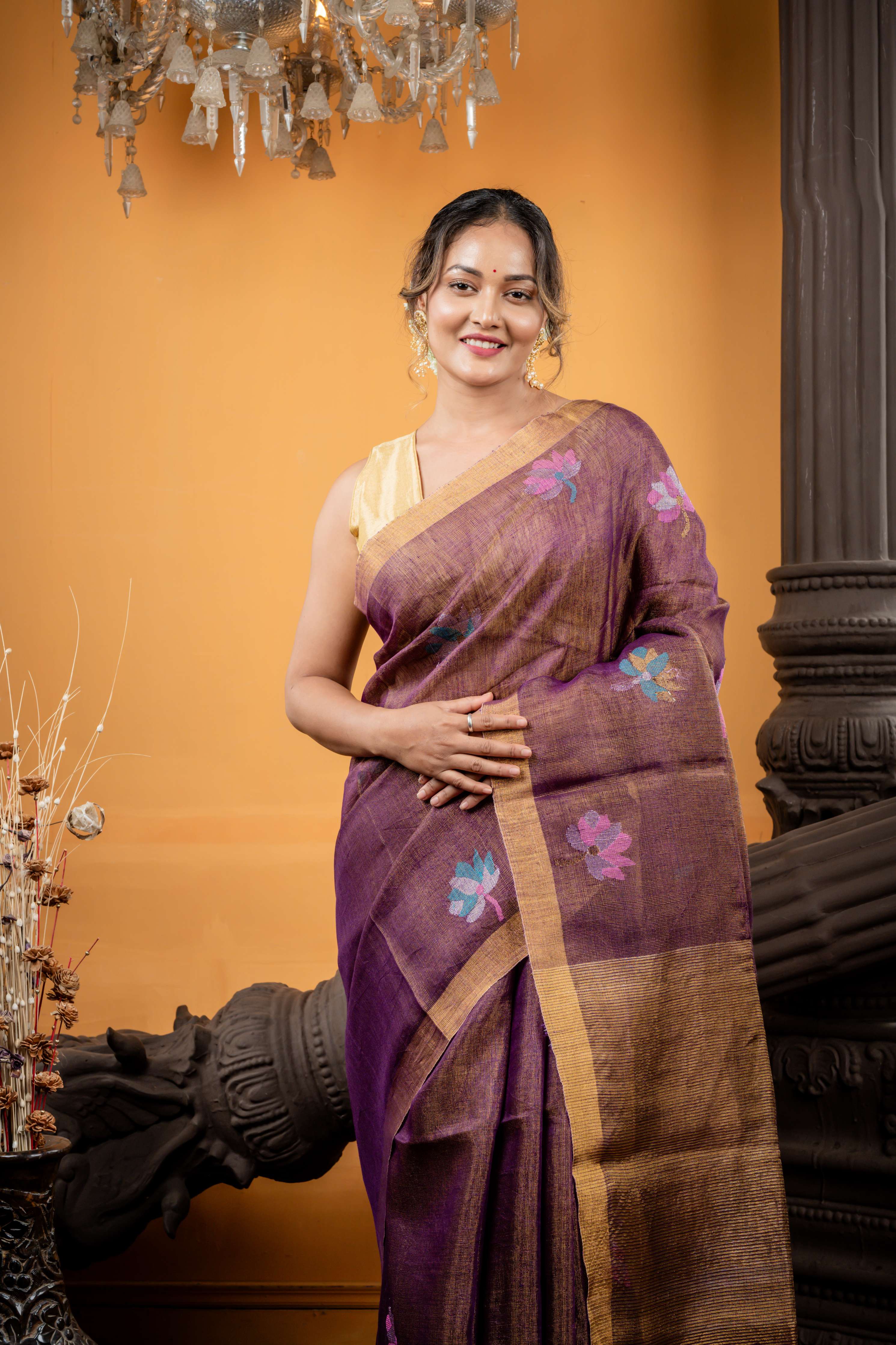 Kamolika || Purple & Gold dual tone Metallic Linen Bengal Handloom Saree with all over Multi-colour Resham, Silver & Gold Zari Lotus motif and Antique Gold Zari Border & Stripe Pallu