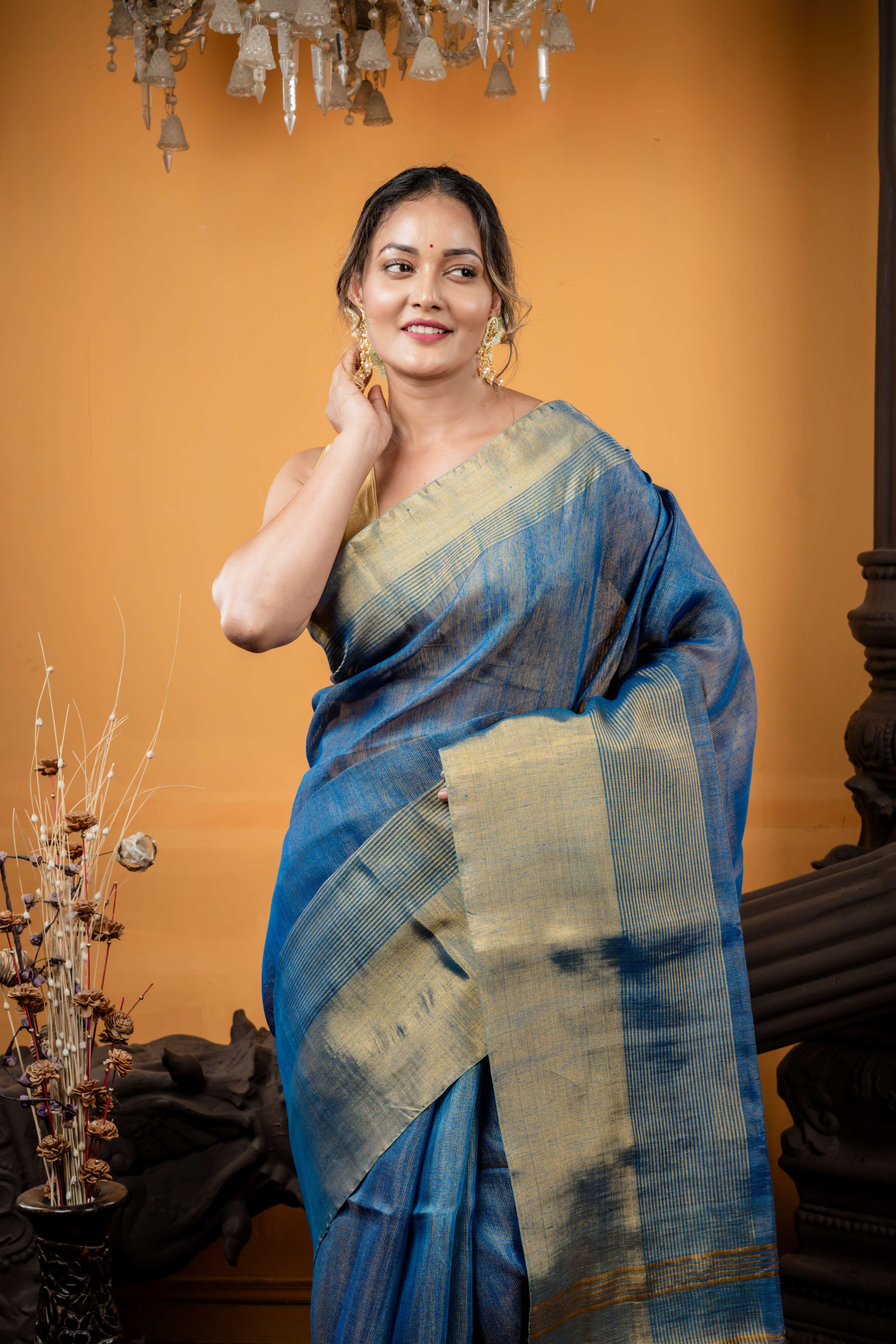 Malhar || Dusty Blue & Antique Gold dual tone Metallic Linen Bengal Handloom Saree with Matte Gold Zari Plain & Stripe combination 'Mahapadh' Border and Antique Gold Zari Stripe Pallu
