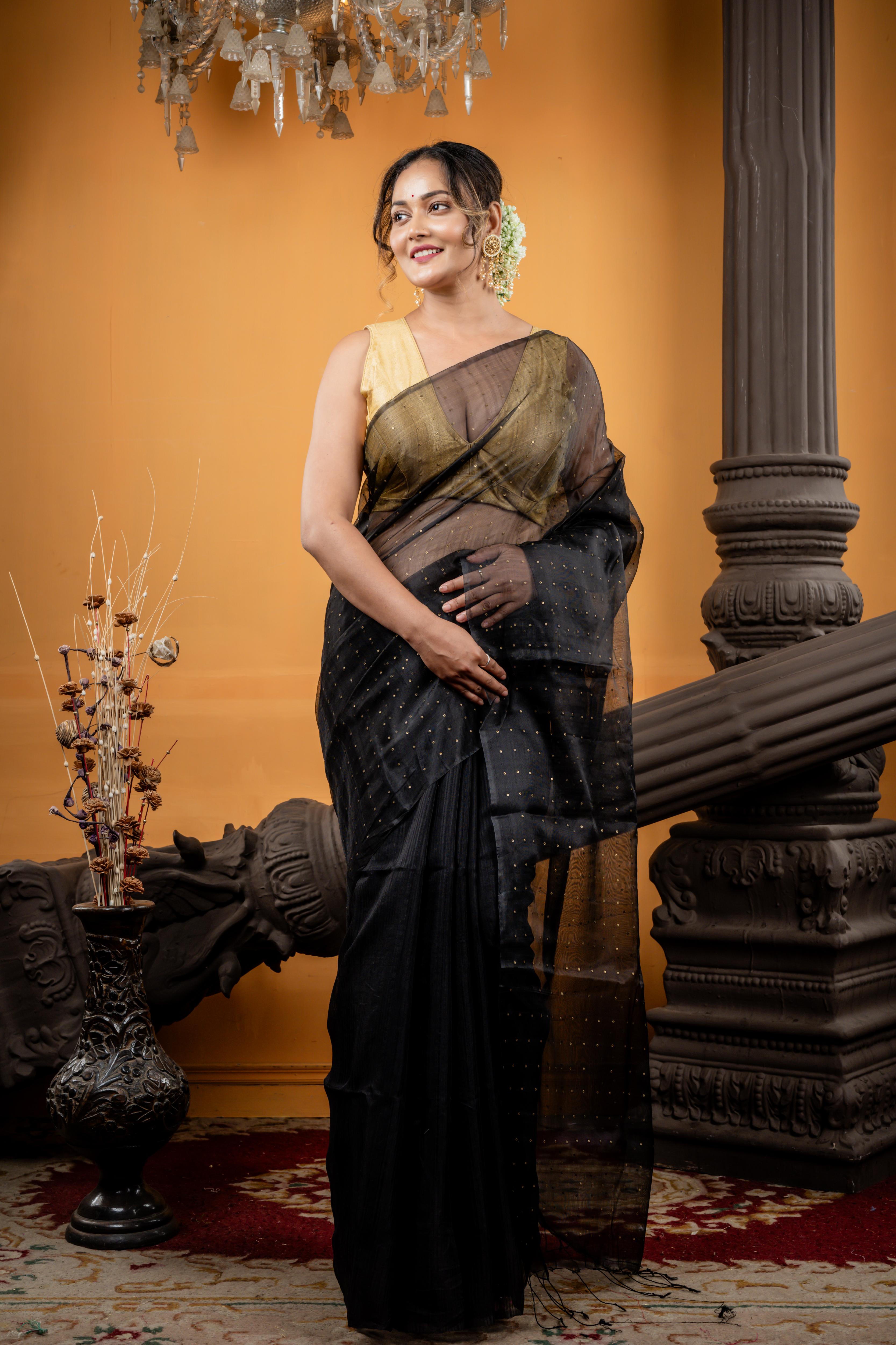 Jonaki || Black Premium 'Matka-Muslin' half & half Bengal Handloom Saree with Plain Half Body and woven Antique Gold Small Sequins Half Body & Pallu