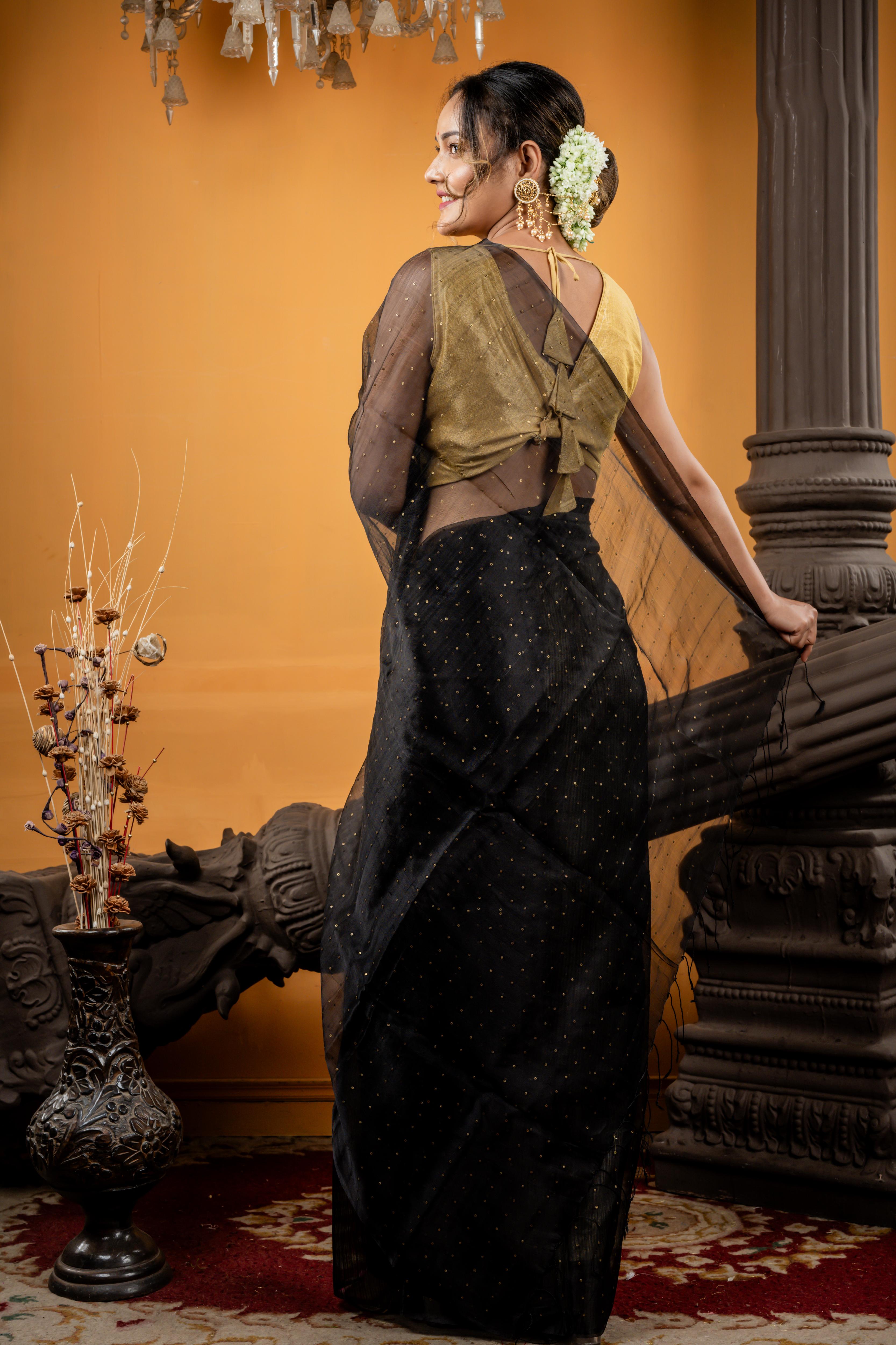 Jonaki || Black Premium 'Matka-Muslin' half & half Bengal Handloom Saree with Plain Half Body and woven Antique Gold Small Sequins Half Body & Pallu