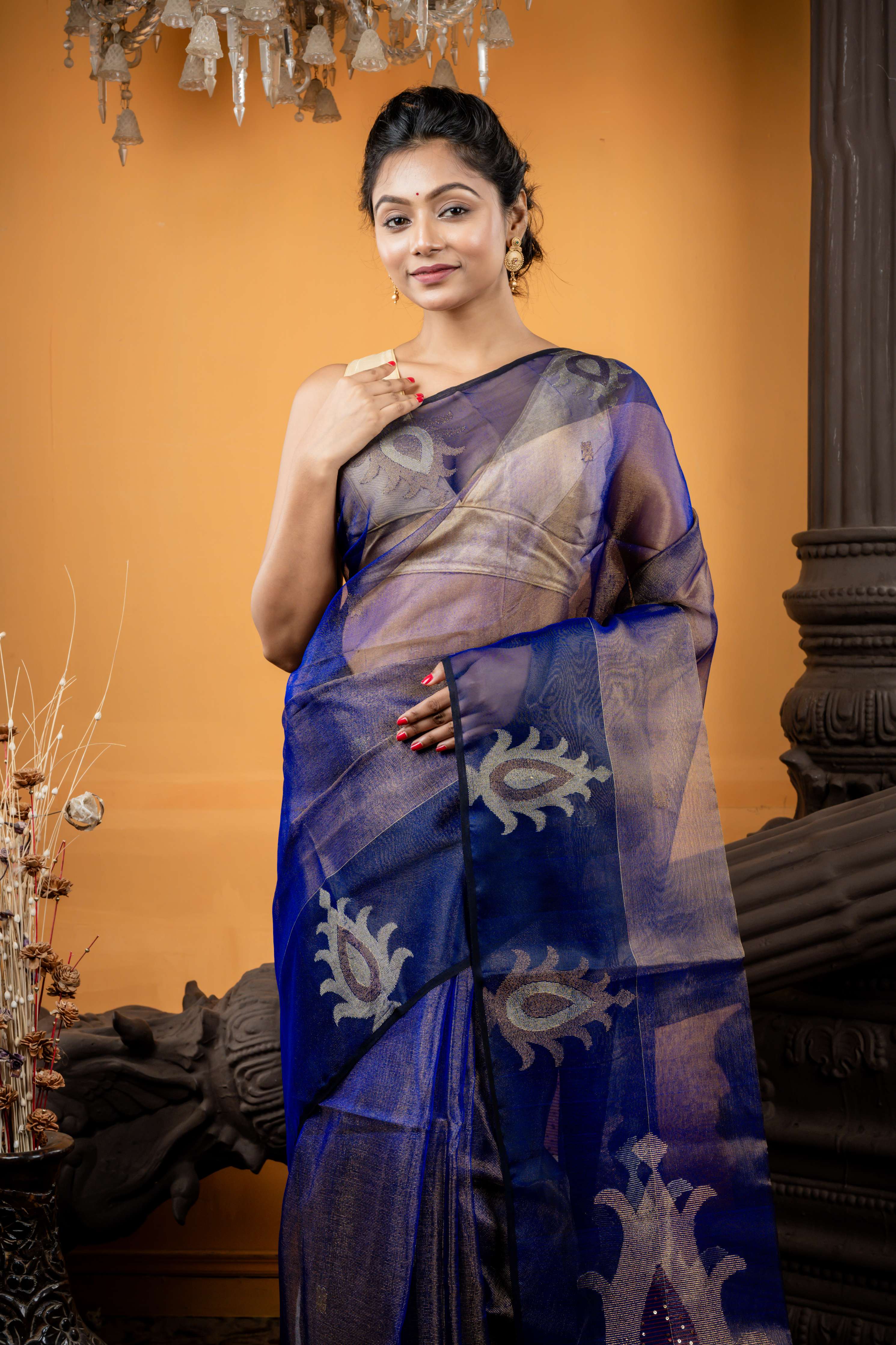 Neelanjana || Royal Blue & Black dual tone Premium Muslin Bengal Handloom Saree with all over Gold & Copper Zari Buta and Traditional motif Border & Pallu with Sequins highlights