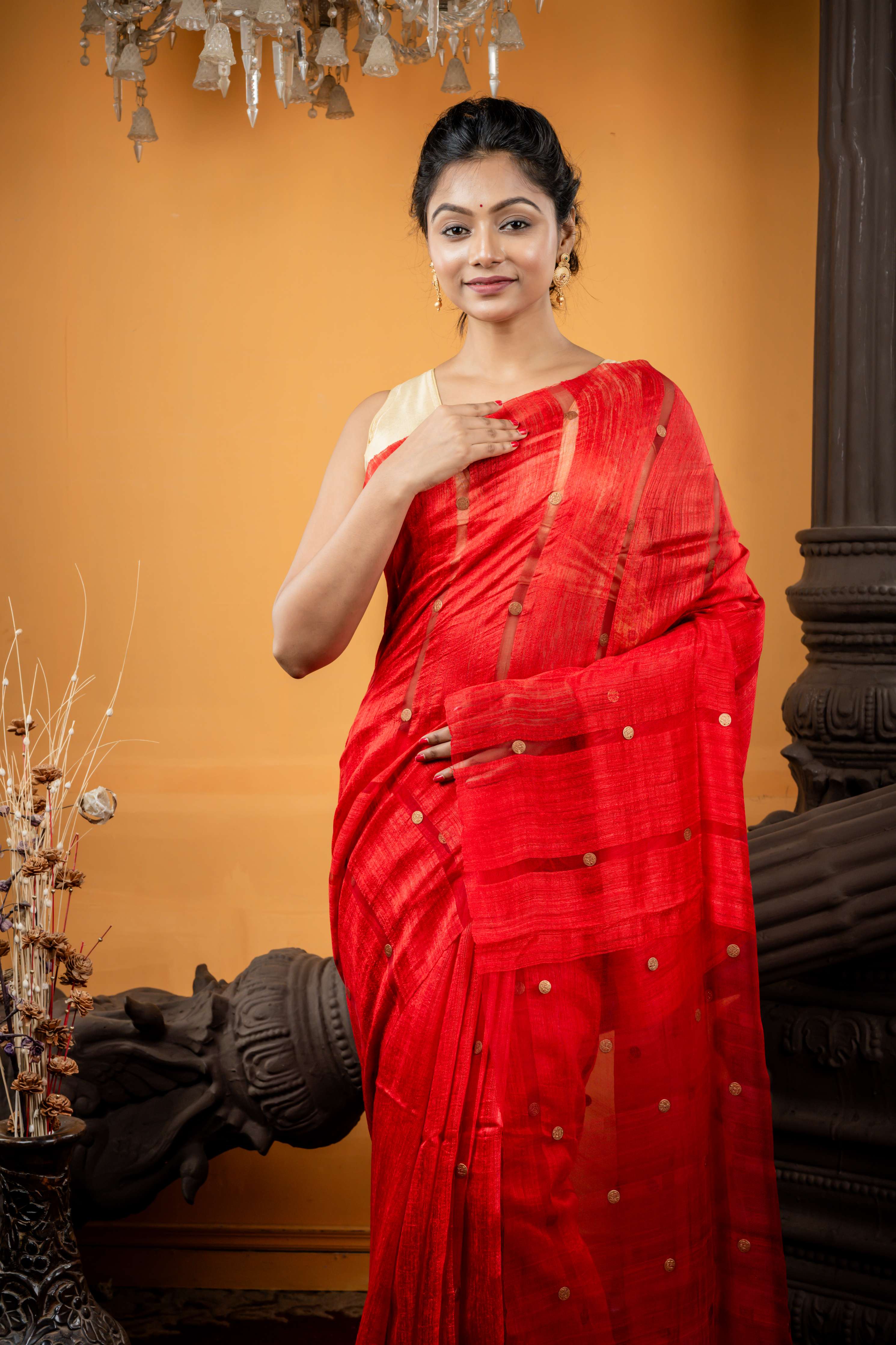 Aadya || Red Matka Bengal Handloom Saree with Half Body Plain, Half Body woven Antique Guinea highlights on Muslin block Stripes and woven Antique Guinea Muslin Pallu