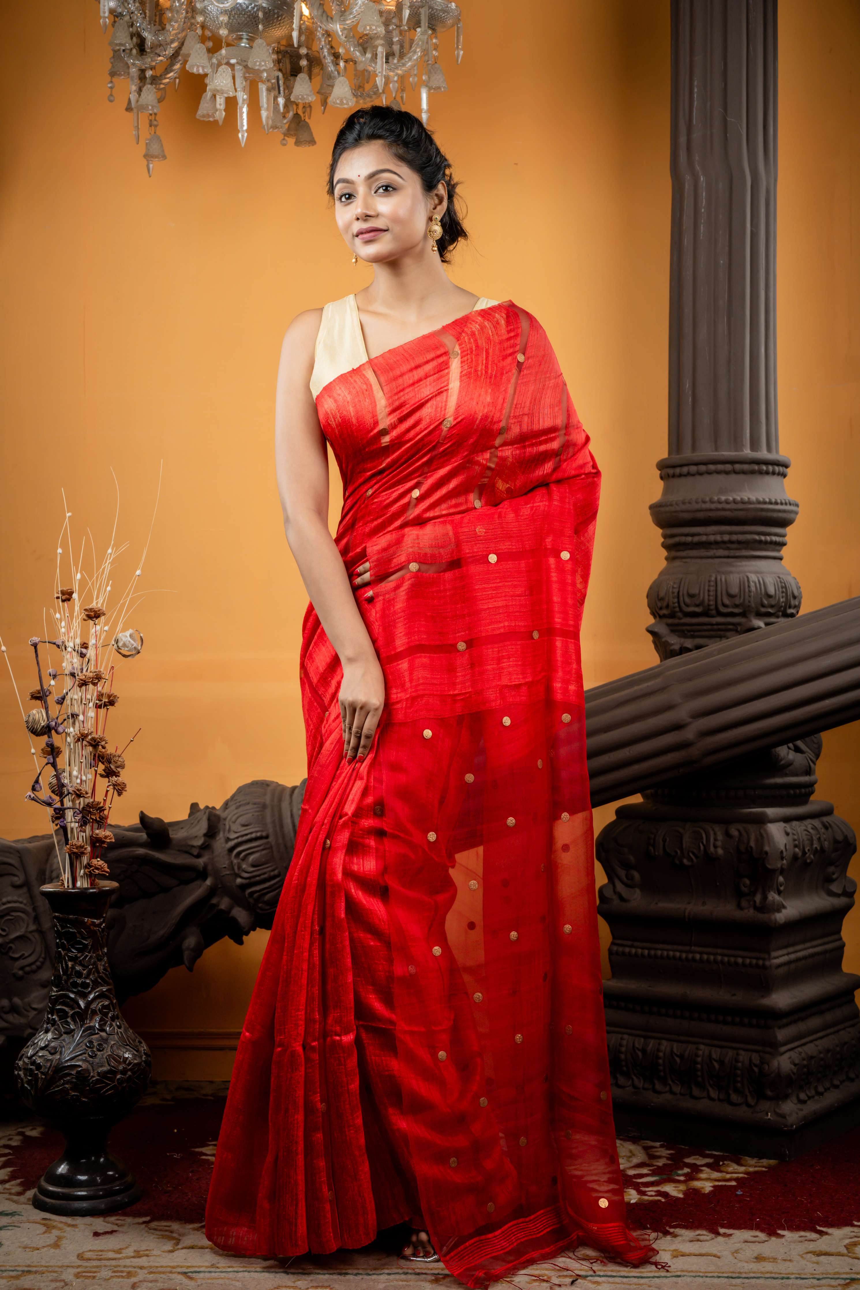 Aadya || Red Matka Bengal Handloom Saree with Half Body Plain, Half Body woven Antique Guinea highlights on Muslin block Stripes and woven Antique Guinea Muslin Pallu