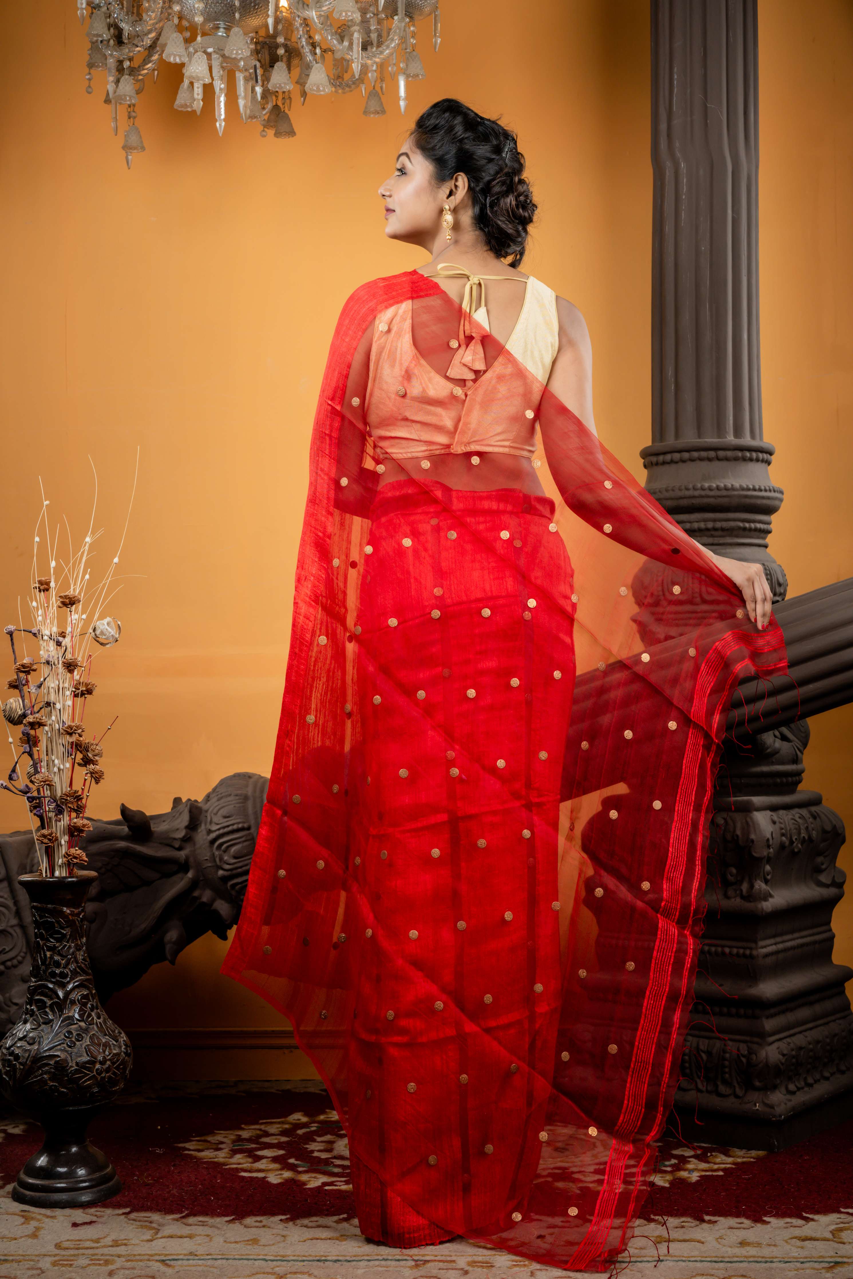 Aadya || Red Matka Bengal Handloom Saree with Half Body Plain, Half Body woven Antique Guinea highlights on Muslin block Stripes and woven Antique Guinea Muslin Pallu