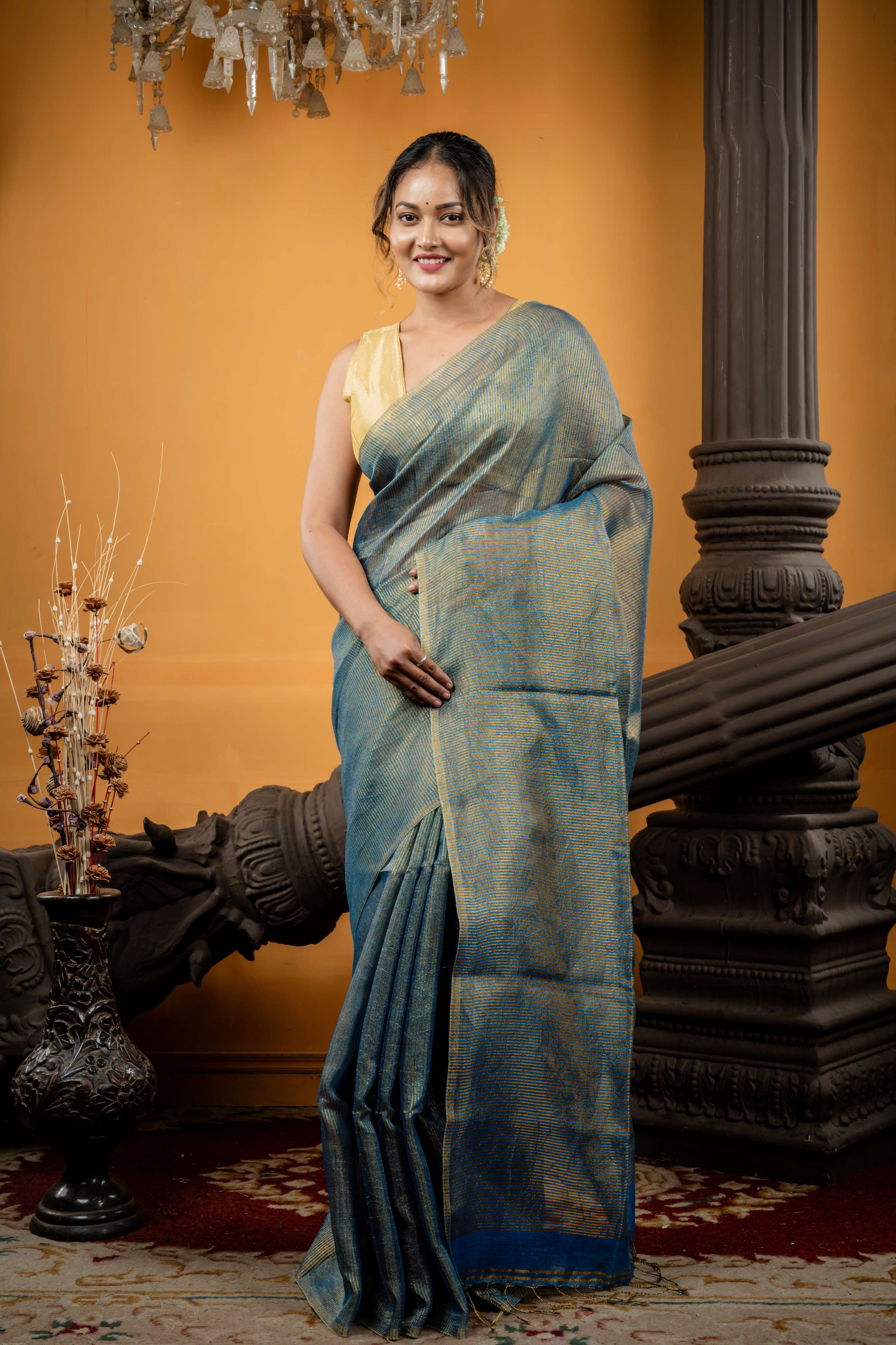 Kaushiki || Dusty Blue Metallic Linen Bengal Handloom Saree with all over Antique Gold Stripes and Sleek Border