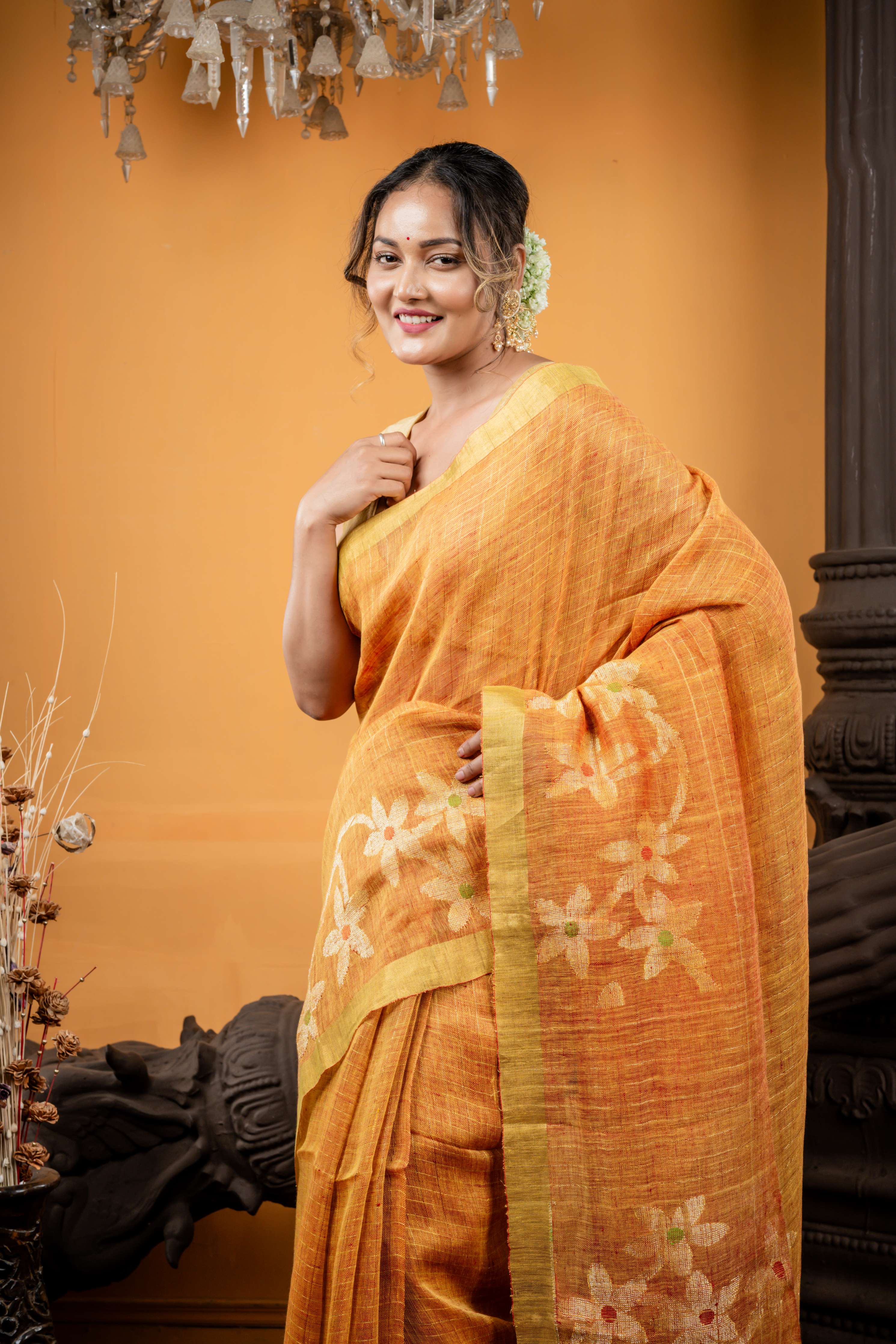 Agnimitra || Rust Orange & Yellow dual tone Linen Bengal Handloom Saree with all over Golden Zari Checks and Silver Zari Floral motif with Multi-colour Buti Border & Pallu