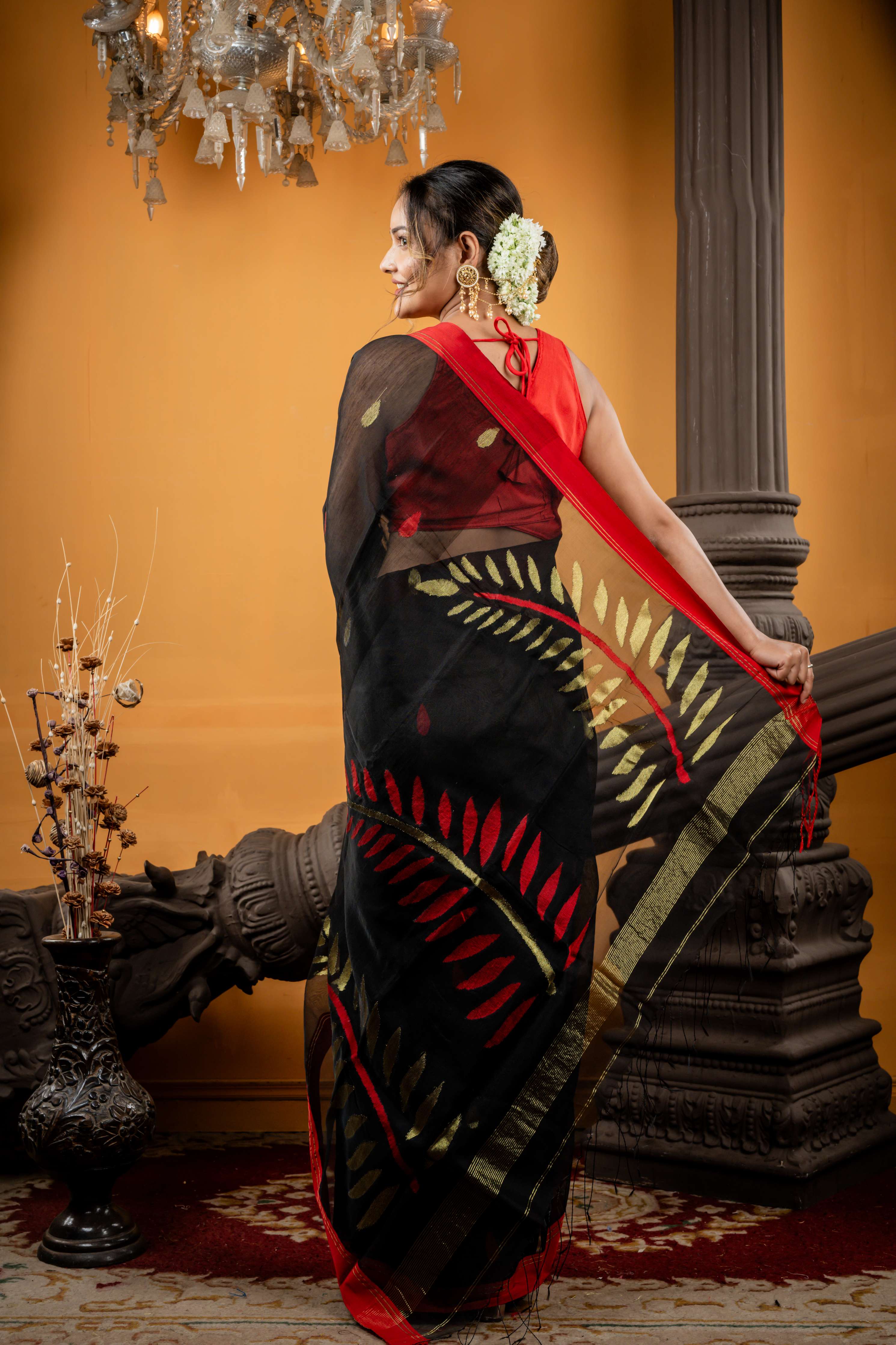 Kaalratri || Black Muslin Saree with all over Red Resham & Golden Zari 'Leaf' motif Buta & Pallu