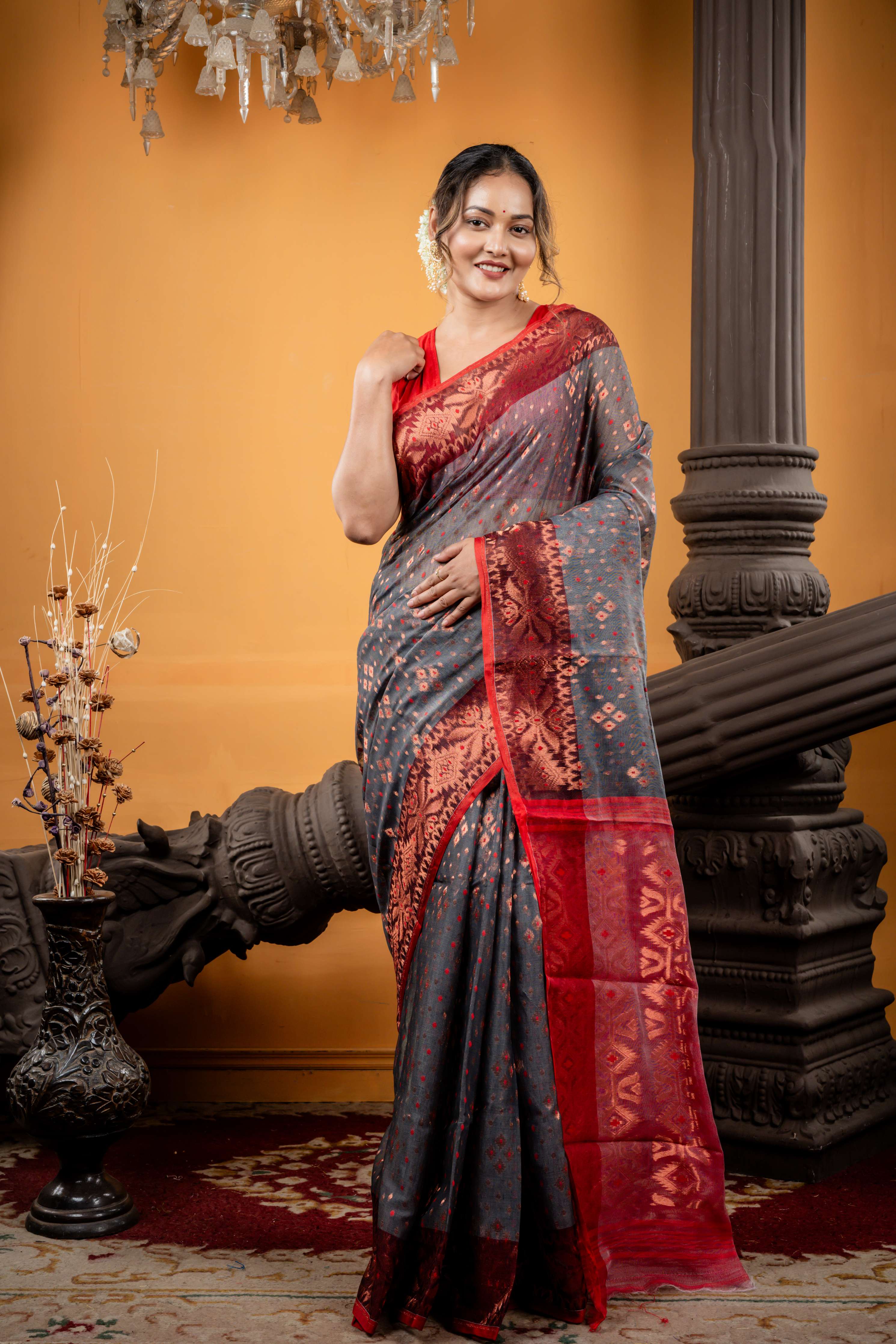 Paromita || Charcoal Grey Resham Cotton Saree with all over Red Dhakai Buti and Copper Zari Jamdani Buta, Floral Border & Pallu
