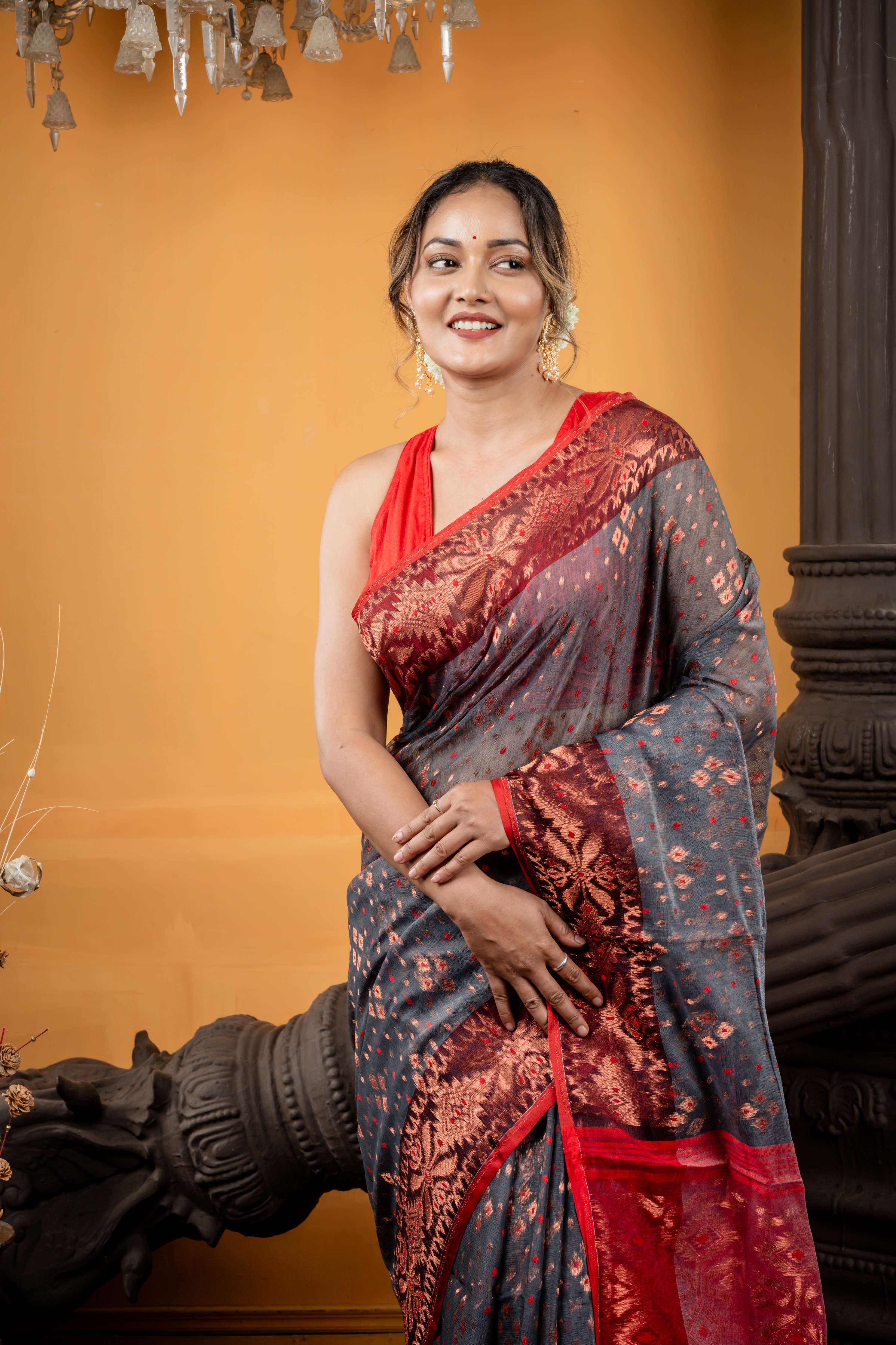 Paromita || Charcoal Grey Resham Cotton Saree with all over Red Dhakai Buti and Copper Zari Jamdani Buta, Floral Border & Pallu