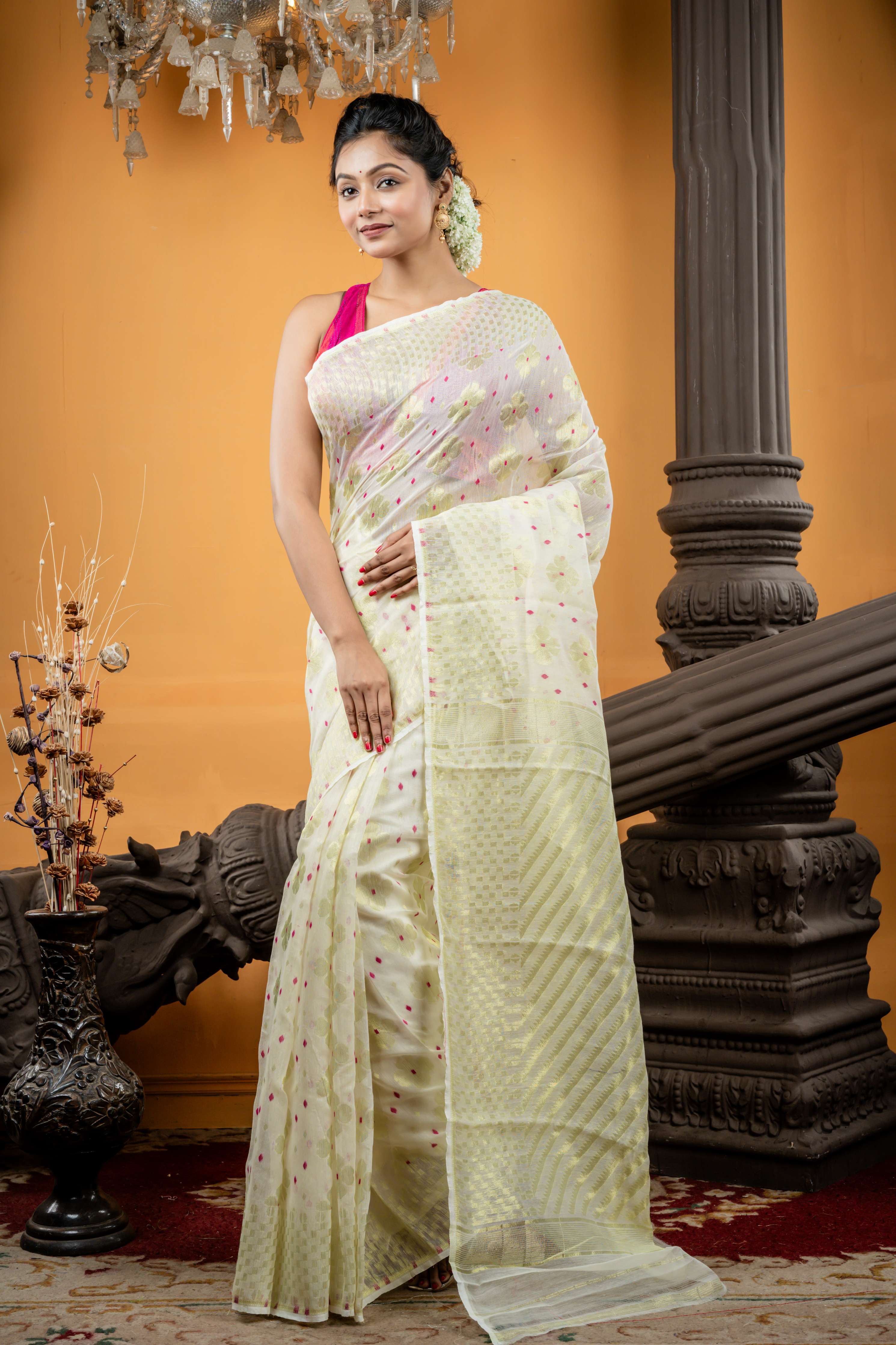 Shwetika || Pearl White Resham Cotton Saree with all over Magenta Pink Dhakai Buti and Golden Zari Floral Jamdani Buta, Checkerbox Border & Stripe Pallu