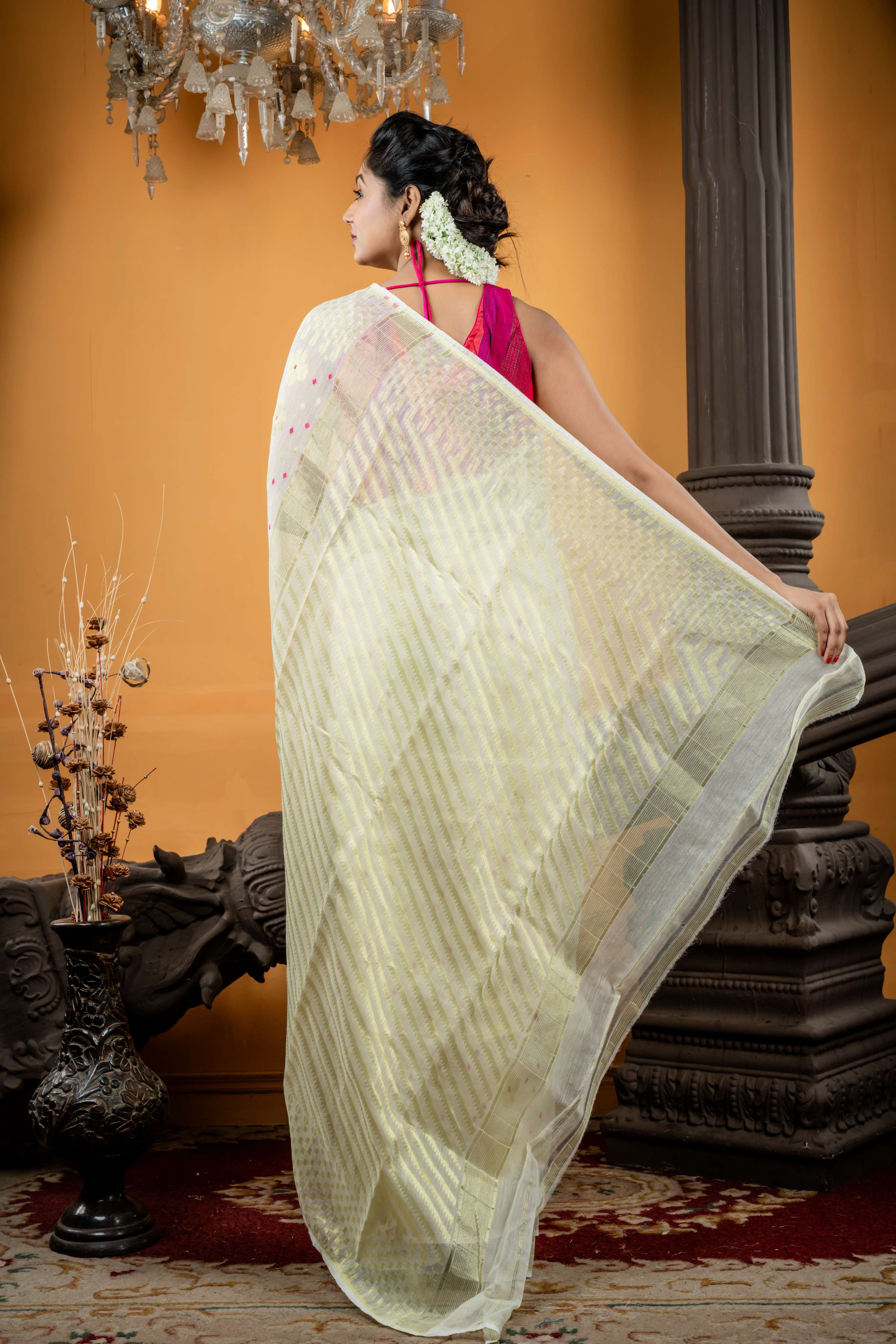 Shwetika || Pearl White Resham Cotton Saree with all over Magenta Pink Dhakai Buti and Golden Zari Floral Jamdani Buta, Checkerbox Border & Stripe Pallu