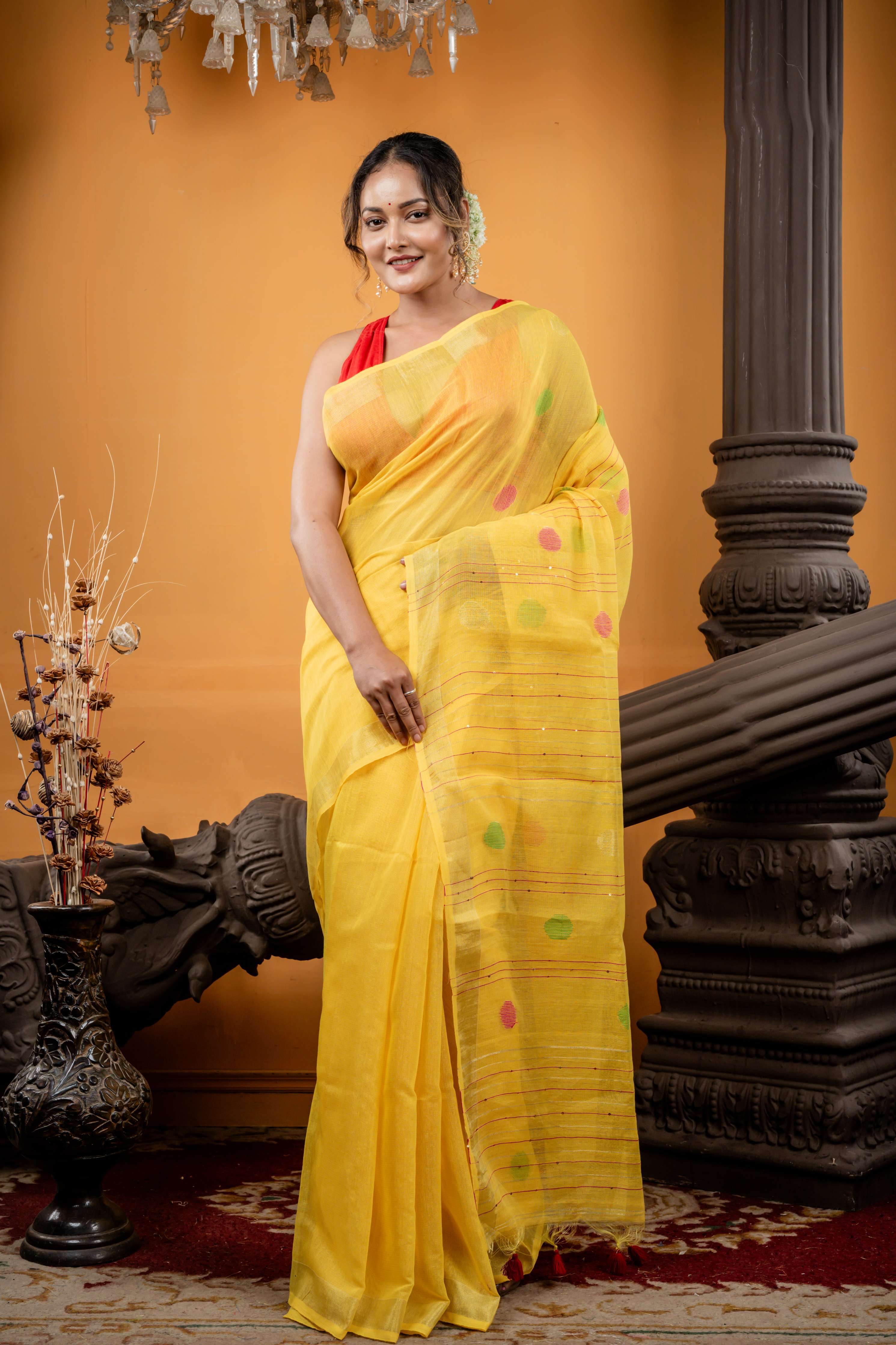 Gold Spot || Bright Yellow Tissue Linen Bengal Handloom Saree with all over Multi-colour Polka Dots, Golden Zari Stripes and Sequins highlights