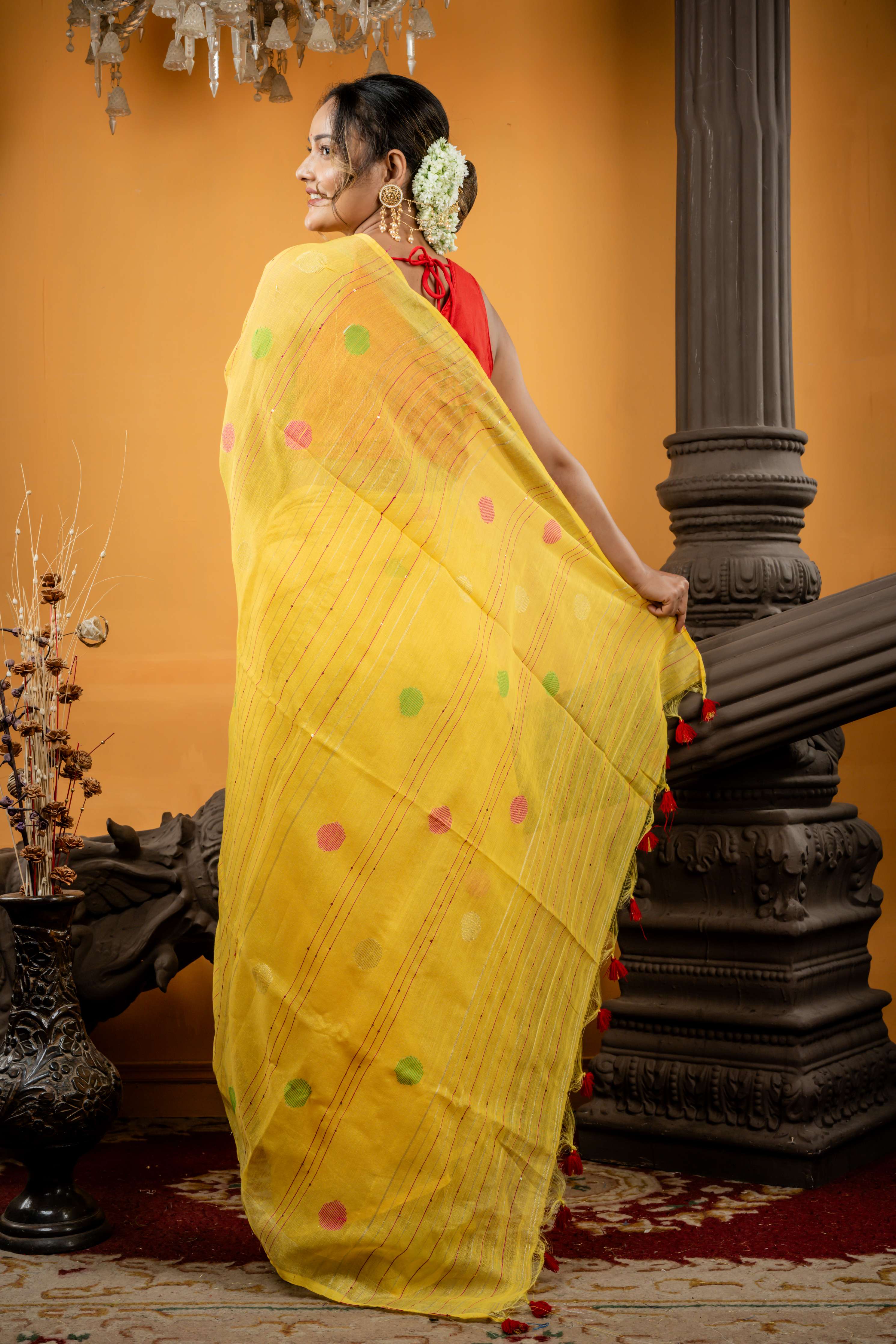 Gold Spot || Bright Yellow Tissue Linen Bengal Handloom Saree with all over Multi-colour Polka Dots, Golden Zari Stripes and Sequins highlights