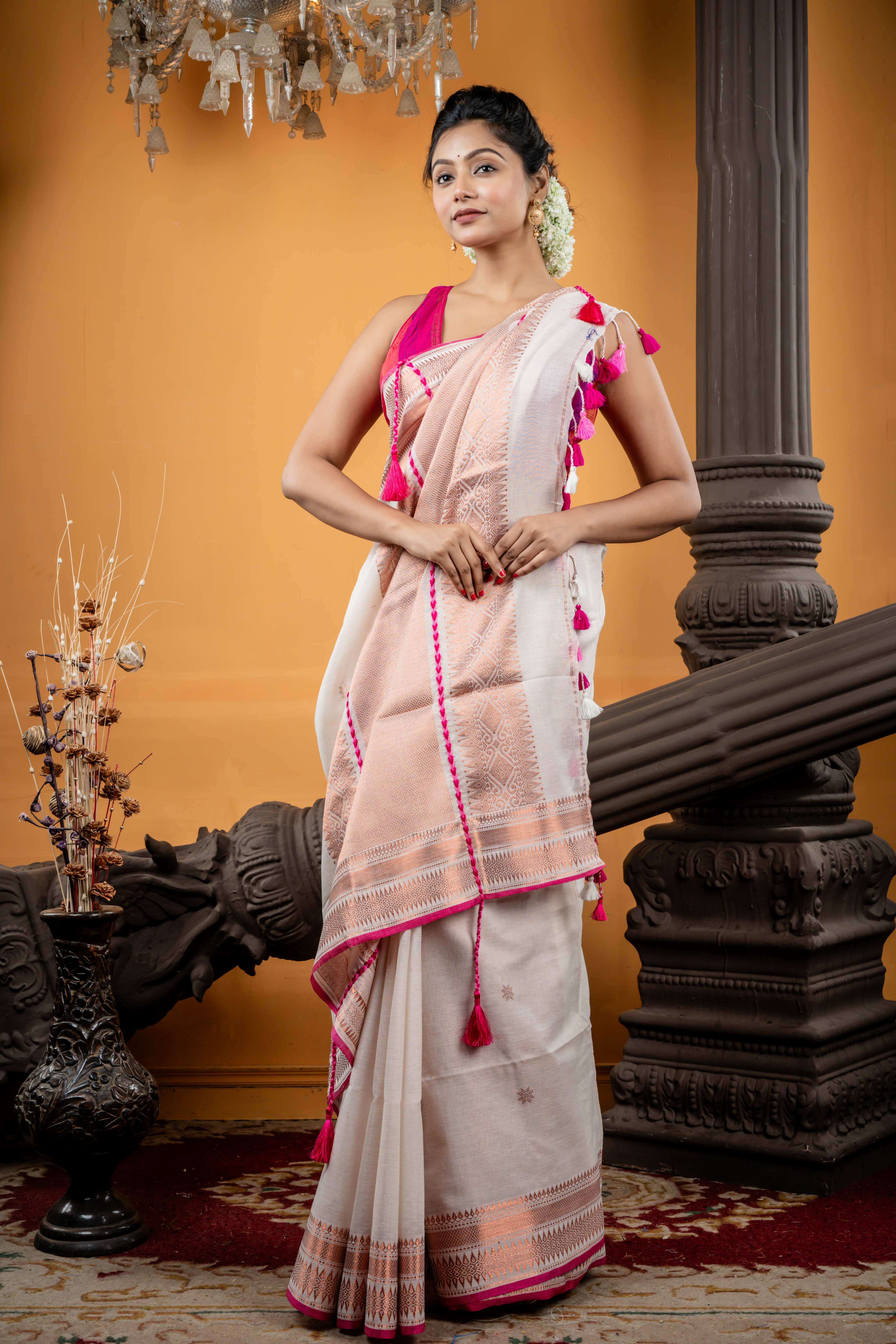 Dhrubotara || Metallic Off-White Mercerized Cotton Bengal Handloom Saree with all over Copper Zari 'Nakshatra' Buti, Magenta Pink Border and 'Beni' motif with Brocade Pallu