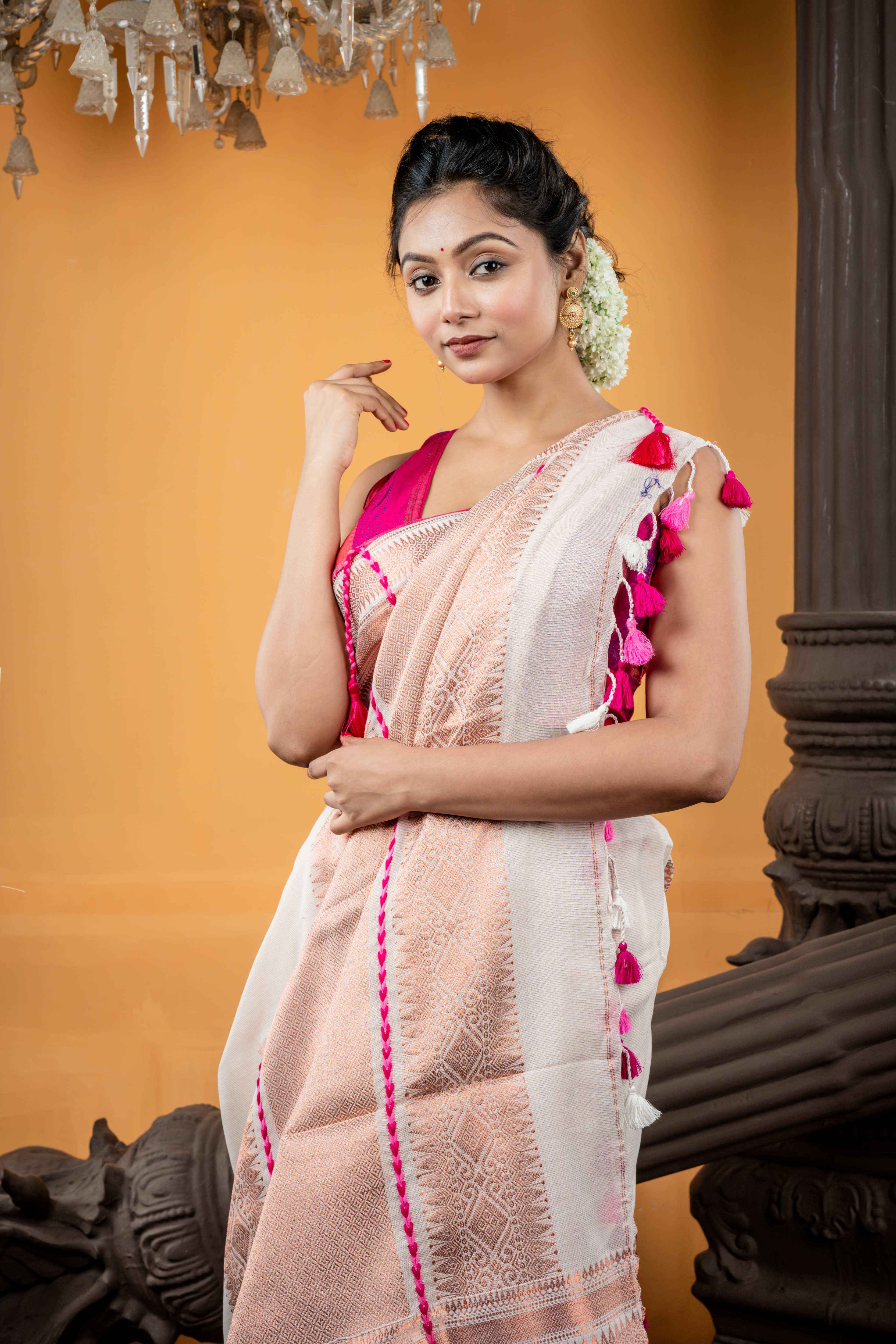 Dhrubotara || Metallic Off-White Mercerized Cotton Bengal Handloom Saree with all over Copper Zari 'Nakshatra' Buti, Magenta Pink Border and 'Beni' motif with Brocade Pallu