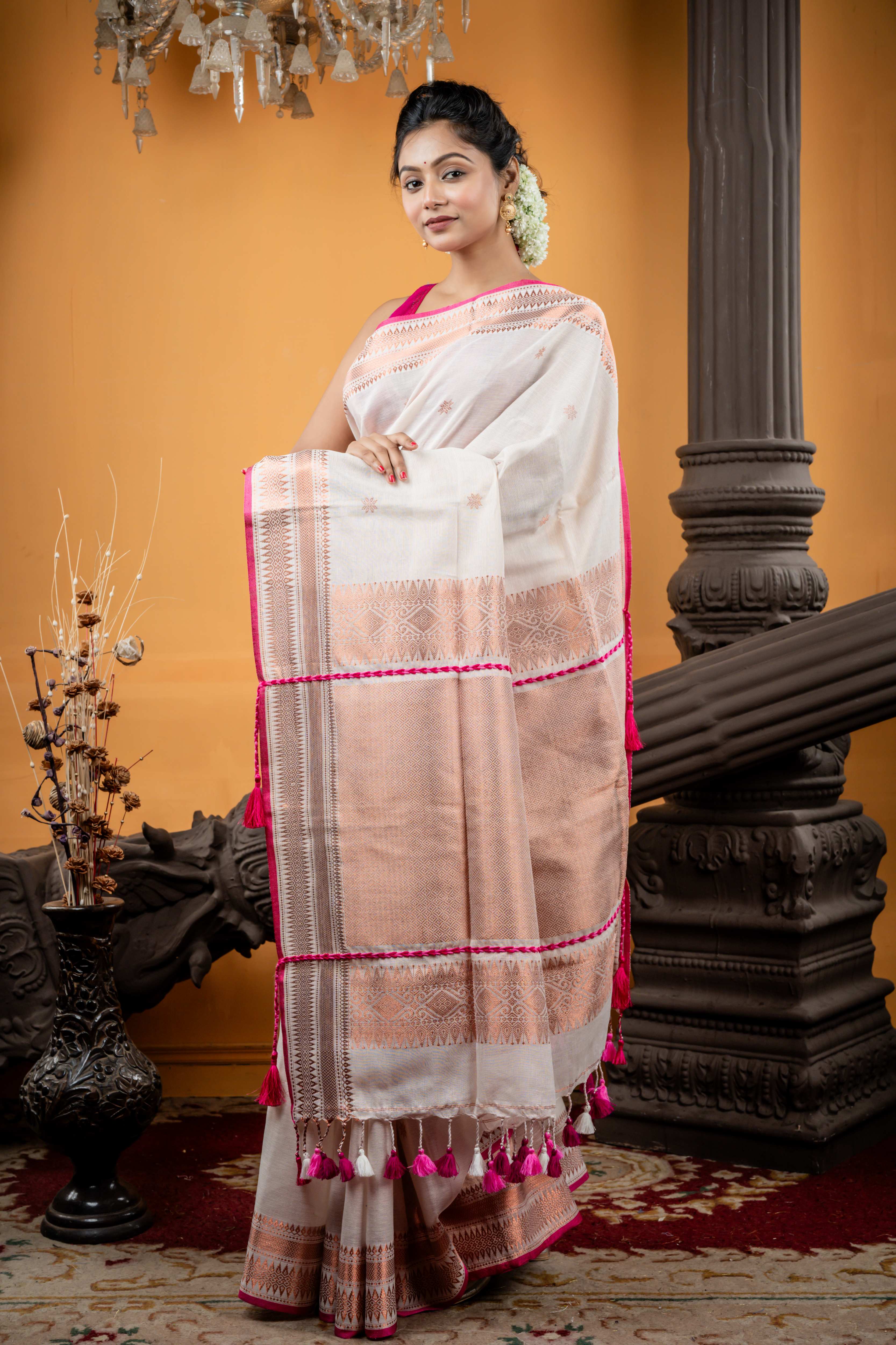 Dhrubotara || Metallic Off-White Mercerized Cotton Bengal Handloom Saree with all over Copper Zari 'Nakshatra' Buti, Magenta Pink Border and 'Beni' motif with Brocade Pallu