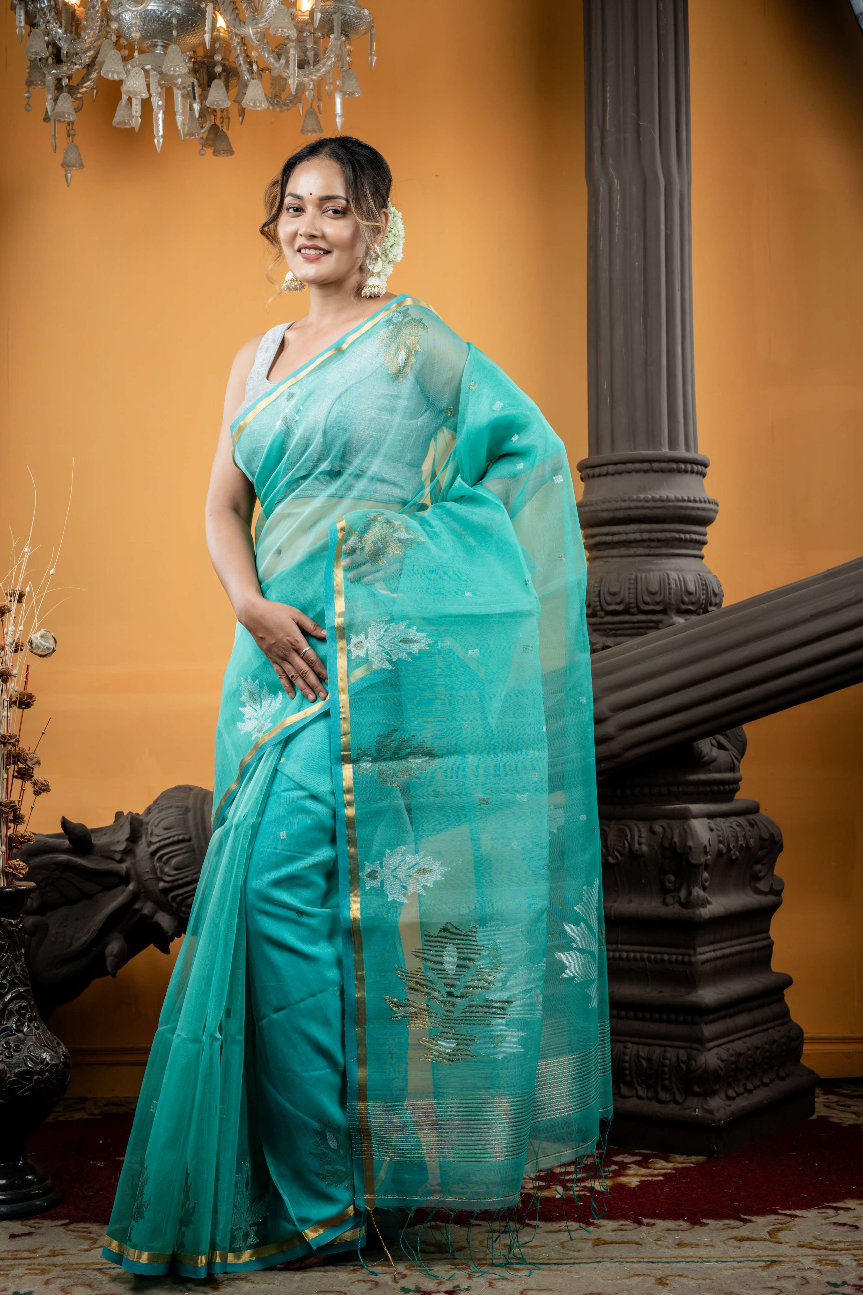 Bindu || Sea Green Premium Muslin Bengal Handloom Saree with all over Silver & Antique Gold Zari Abstract Buti and Jamdani Floral motif Border & Pallu