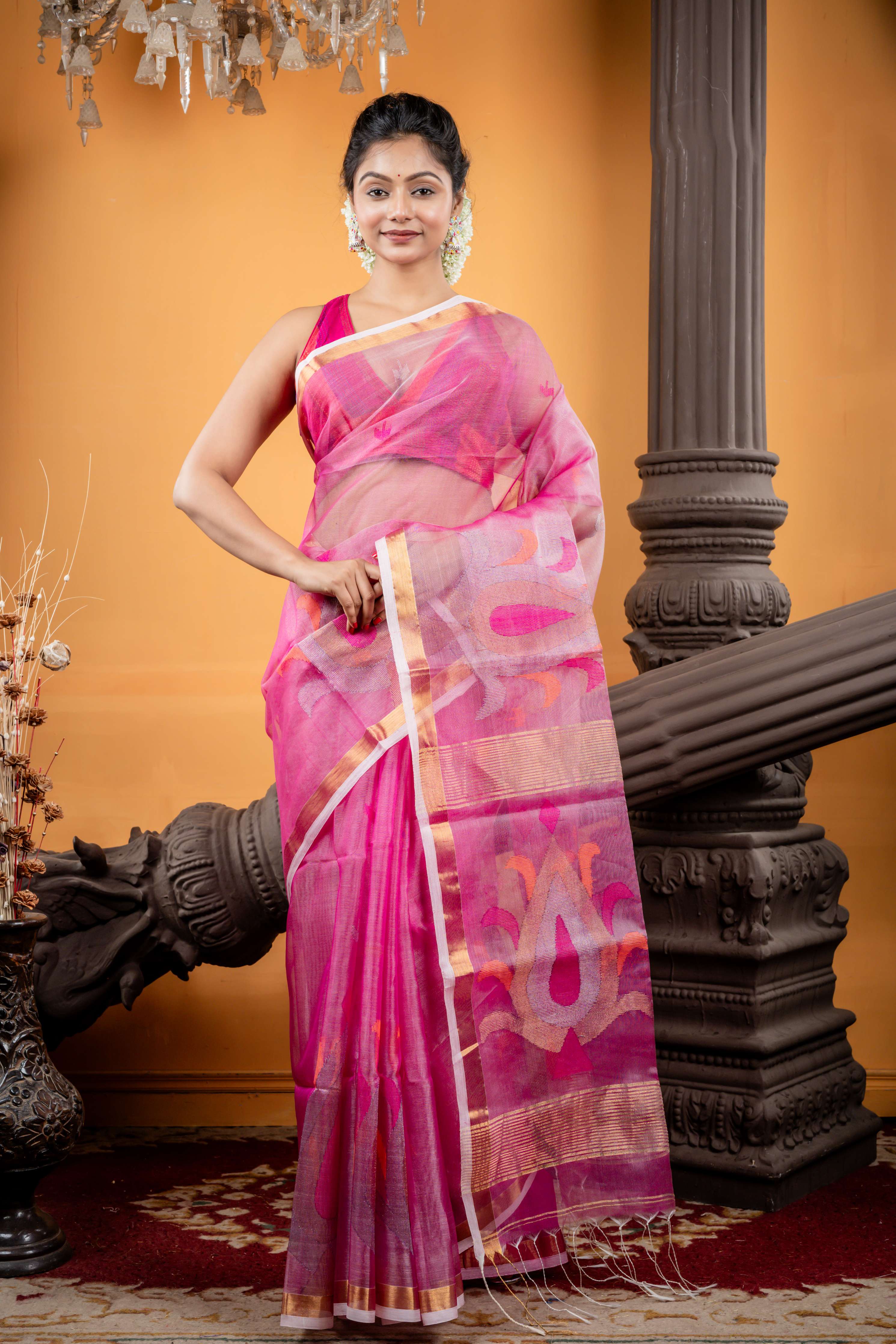 Anushila || Magenta Pink & Silver dual tone Premium Muslin Bengal Handloom Saree with all over Multi-colour, Copper & Silver Zari Buti, Antique Gold Zari Plain Border & Traditional motif Jamdani Border highlights & Pallu
