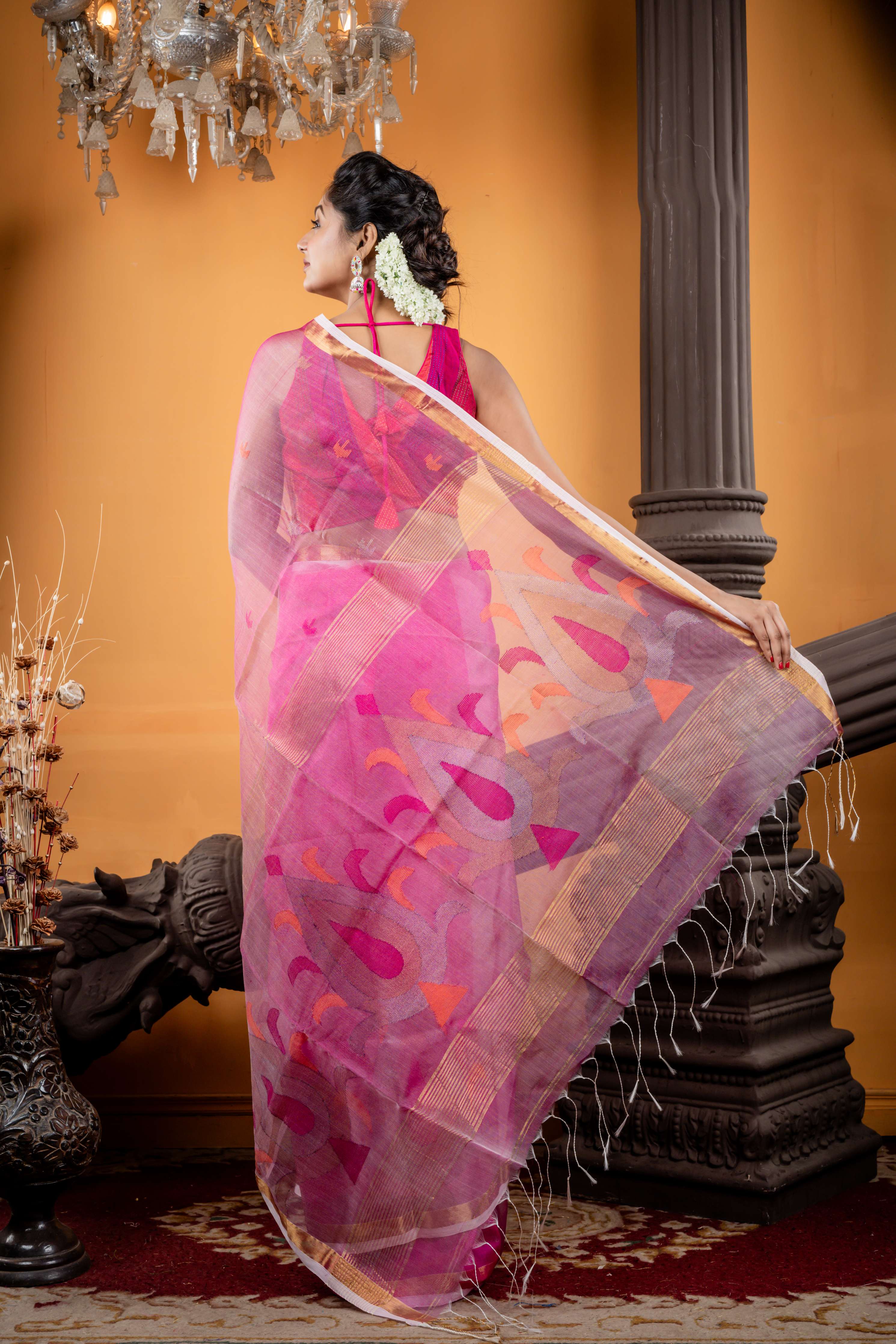 Anushila || Magenta Pink & Silver dual tone Premium Muslin Bengal Handloom Saree with all over Multi-colour, Copper & Silver Zari Buti, Antique Gold Zari Plain Border & Traditional motif Jamdani Border highlights & Pallu