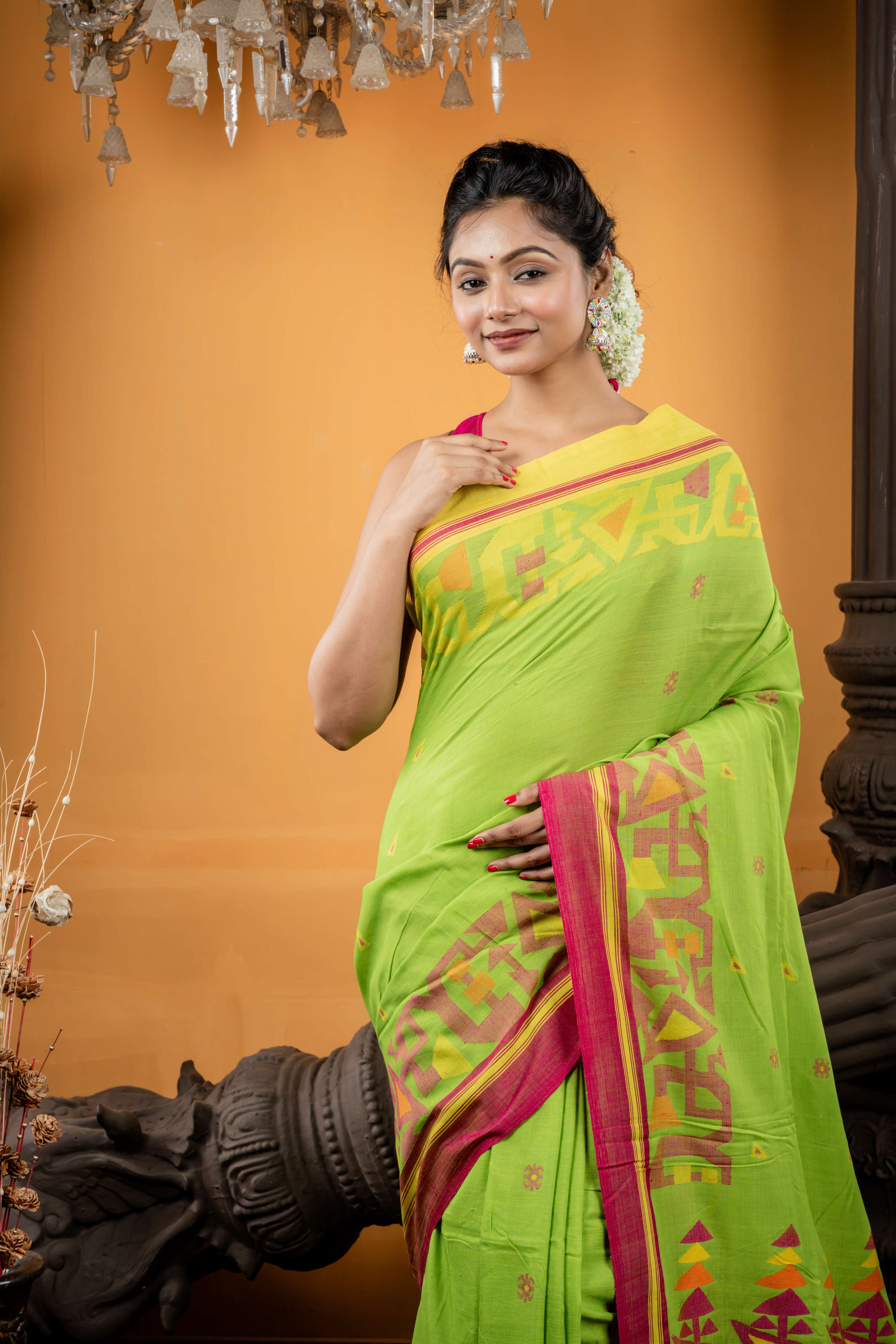 Tiya || Parrot Green Cotton Bengal Handloom Saree with all over Multi-colour Buti, Lemon Yellow & Magenta Pink 'Ganga Jamuna' Border and Traditional design Pallu