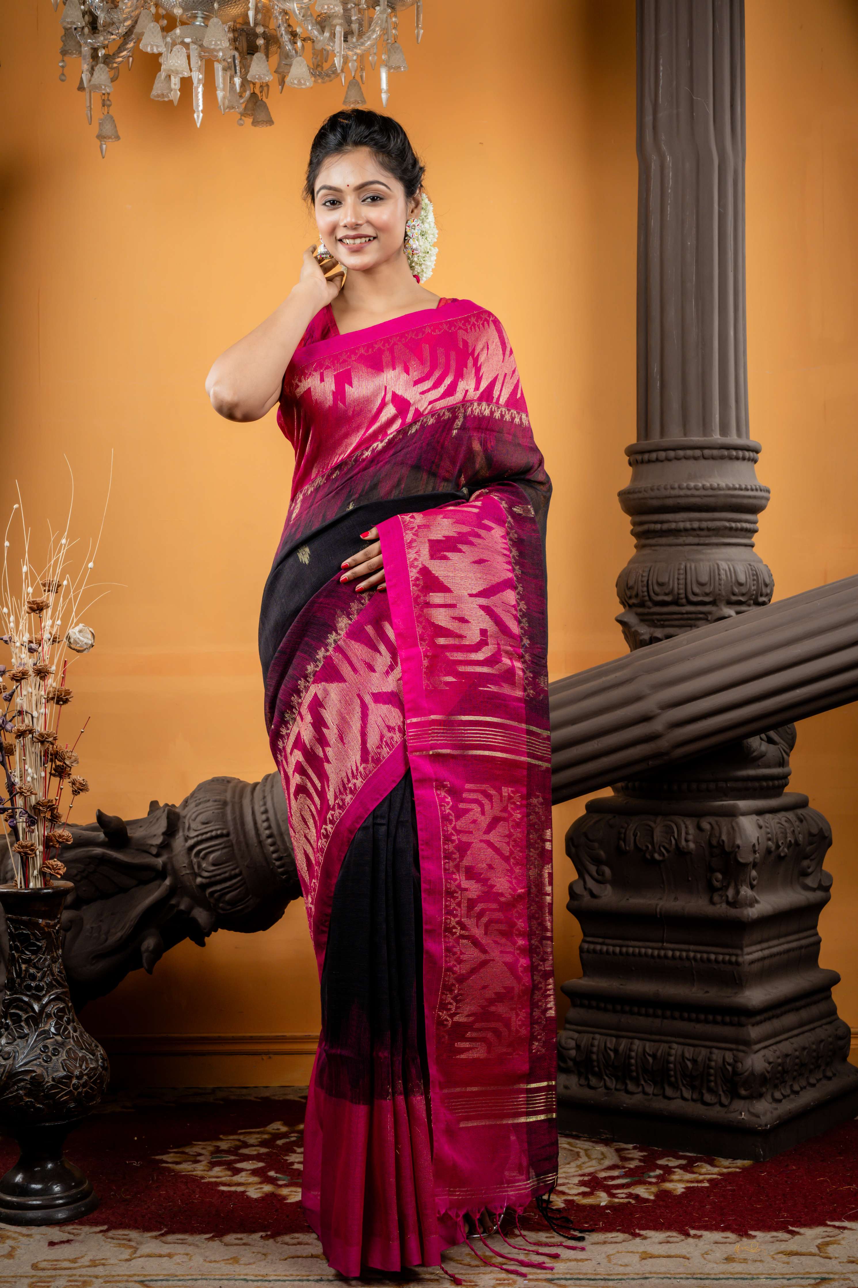 Tamoshi || Black & Magenta dual tone Linen Bengal Handloom Saree with all over Traditional Golden Zari Buta, Magenta 'Mahapadh' & Golden Zari Ikkat Border and Contrast Pallu