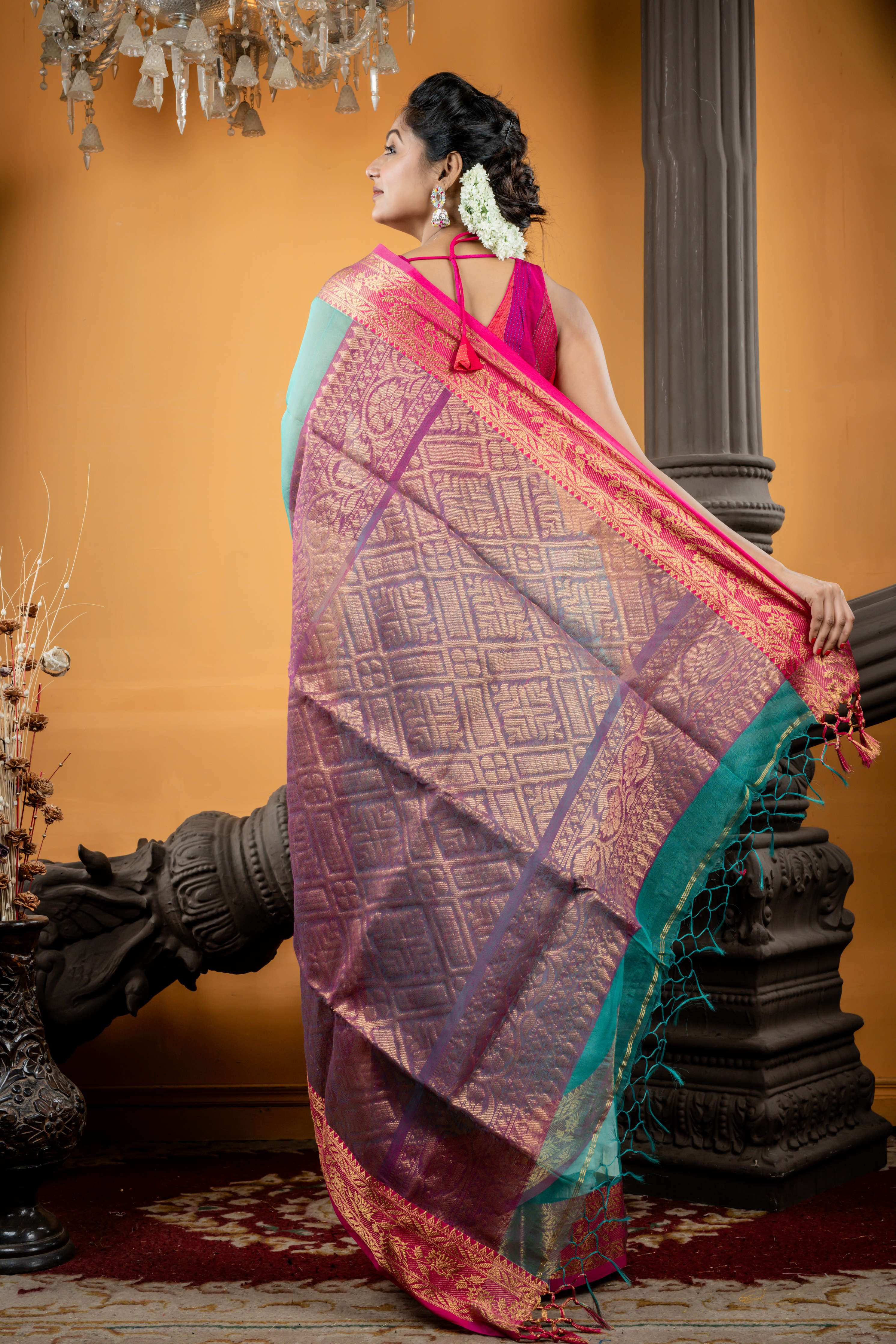 Ambalika || Teal Green Muslin Bengal Handloom Saree with all over Golden Zari Traditional Buta, Magenta Pink Border and dual tone Banarasi design Pallu