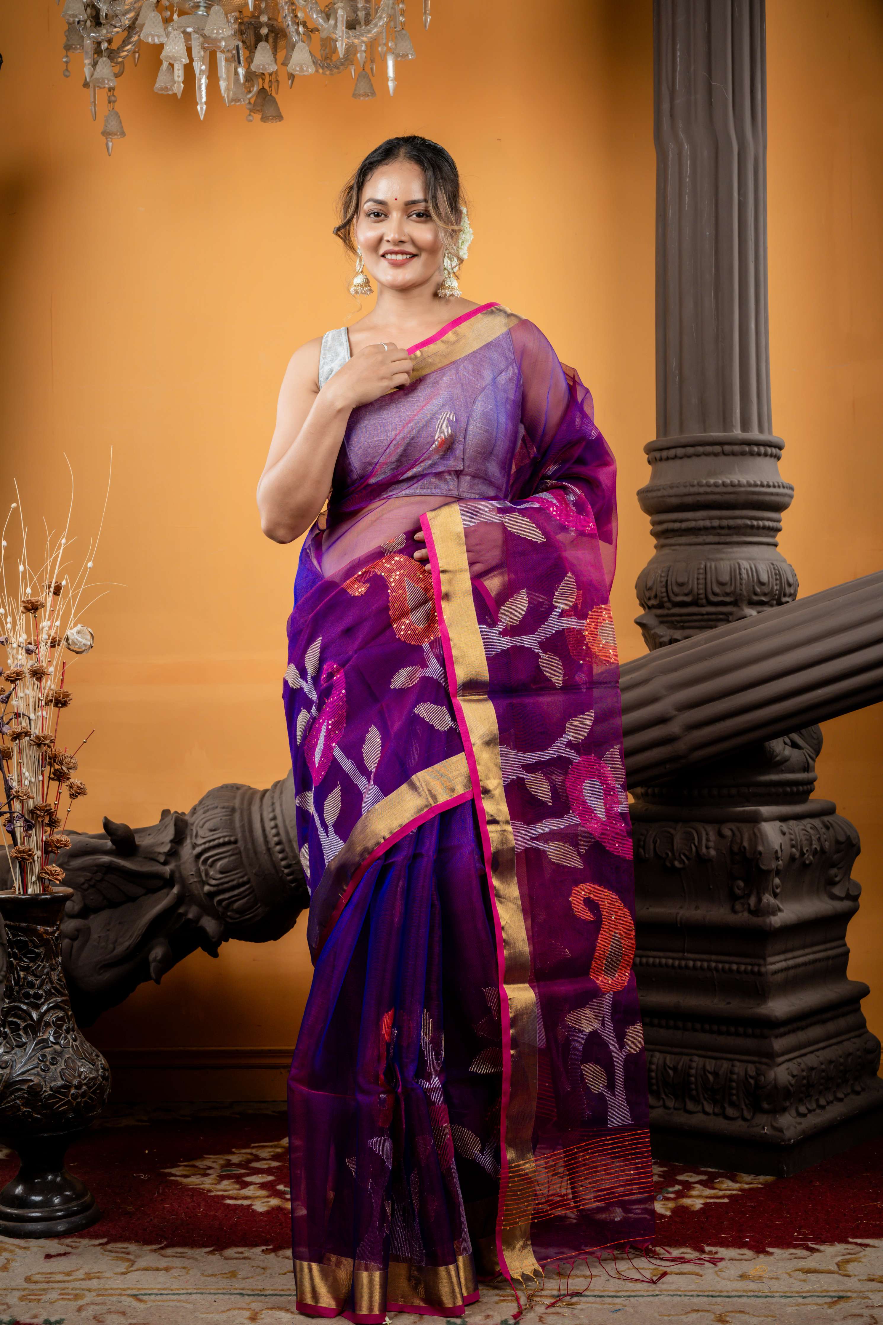 Mahua || Purple & Peacock Blue dual tone Premium Muslin Bengal Handloom Saree with all over Multi-colour Traditional 'Aam Kalka' motif Buta & Pallu and Sequins, Silver Zari & Gold Zari highlights