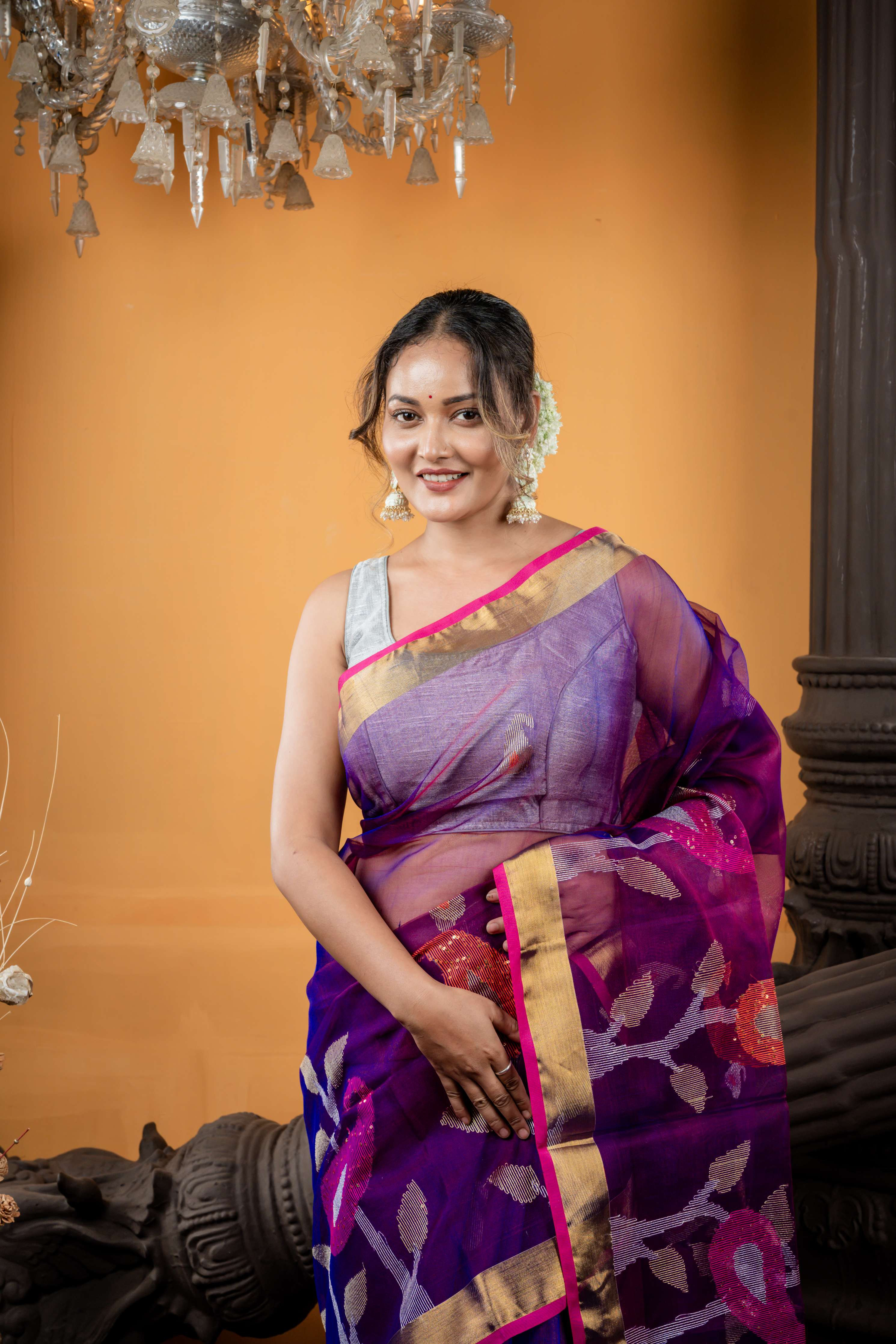 Mahua || Purple & Peacock Blue dual tone Premium Muslin Bengal Handloom Saree with all over Multi-colour Traditional 'Aam Kalka' motif Buta & Pallu and Sequins, Silver Zari & Gold Zari highlights
