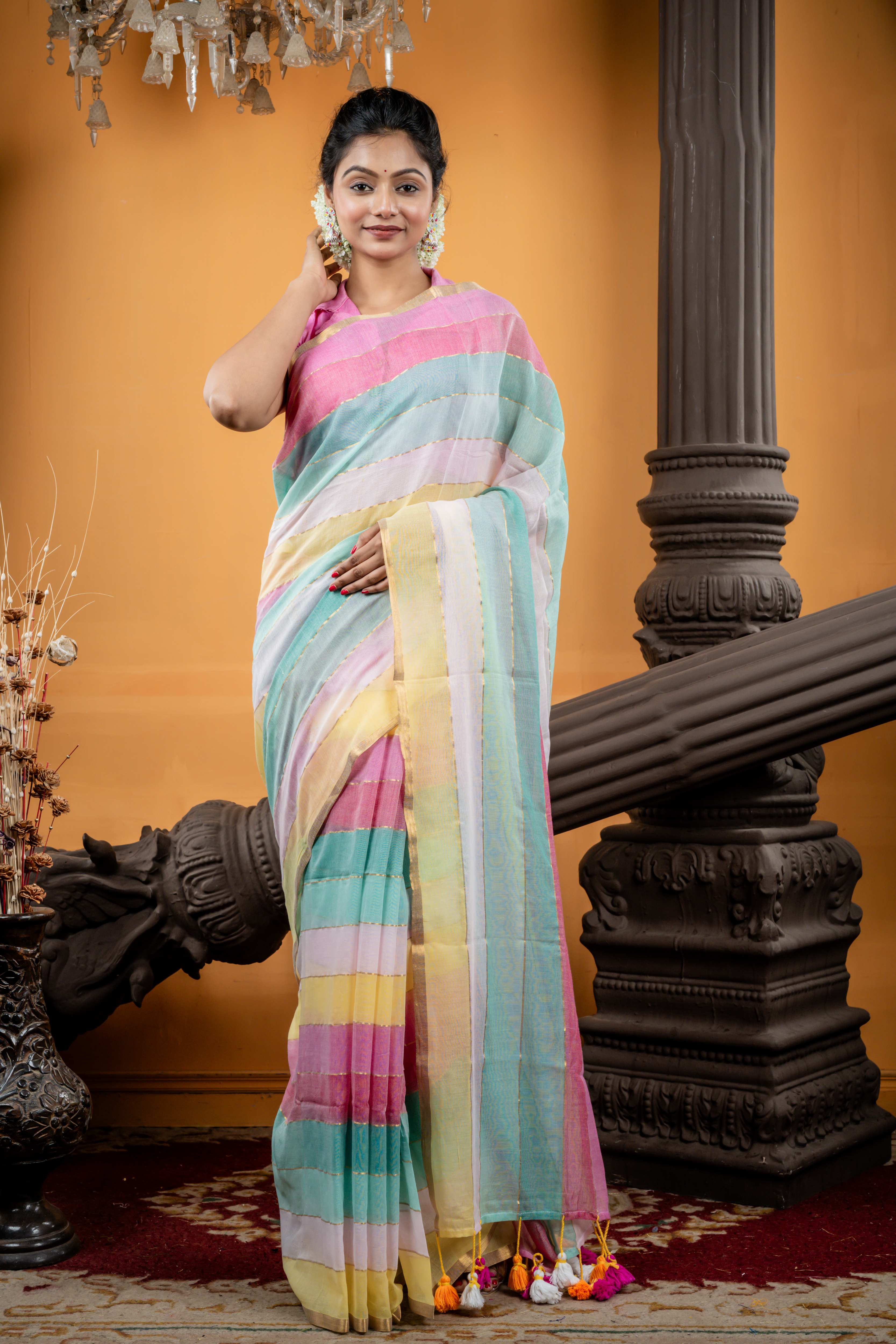 Candy Floss || Multi-colour Mul Cotton Saree with all over 6D Hexa block Stripes & Golden Zari highlights