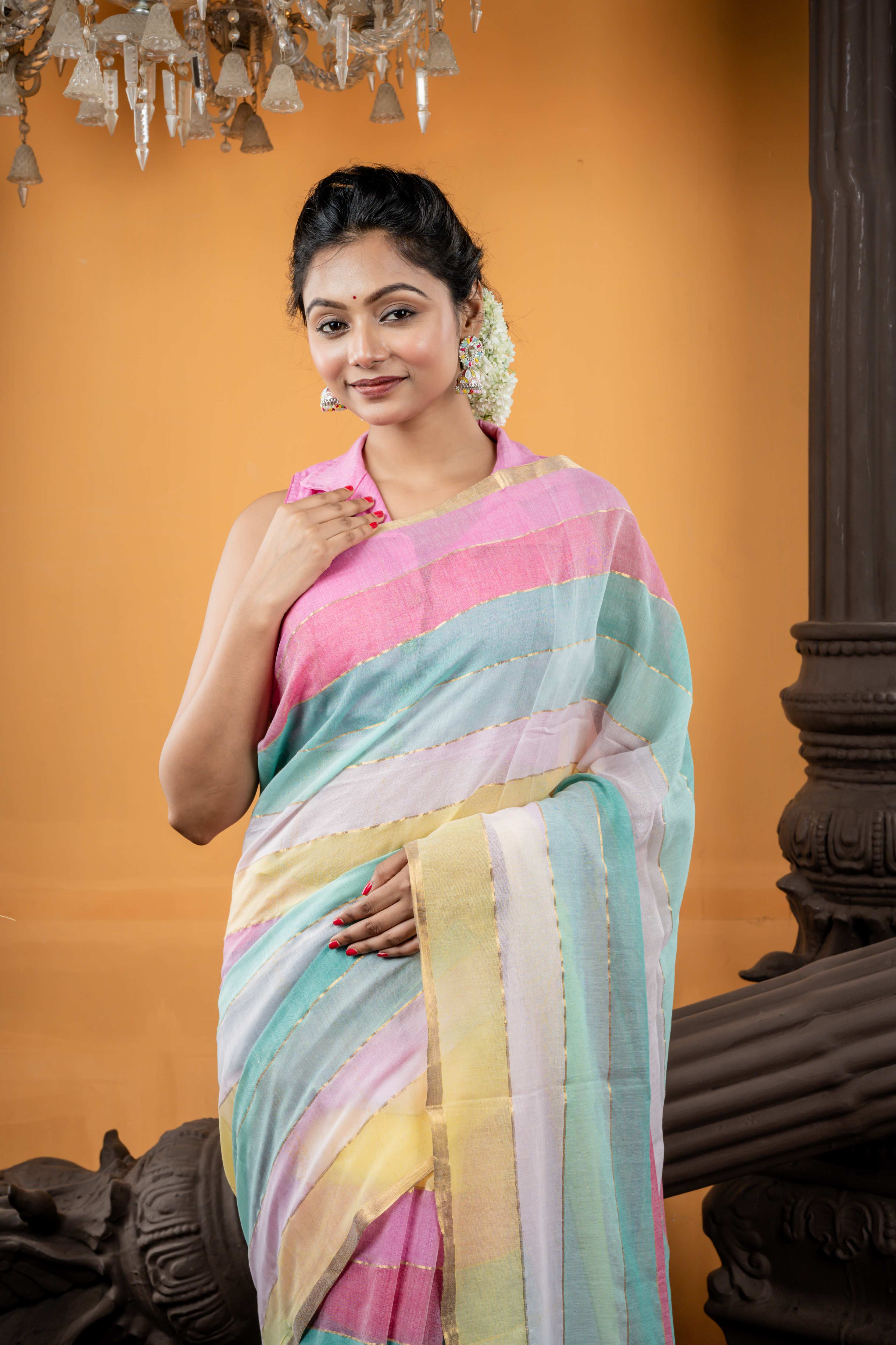 Candy Floss || Multi-colour Mul Cotton Saree with all over 6D Hexa block Stripes & Golden Zari highlights