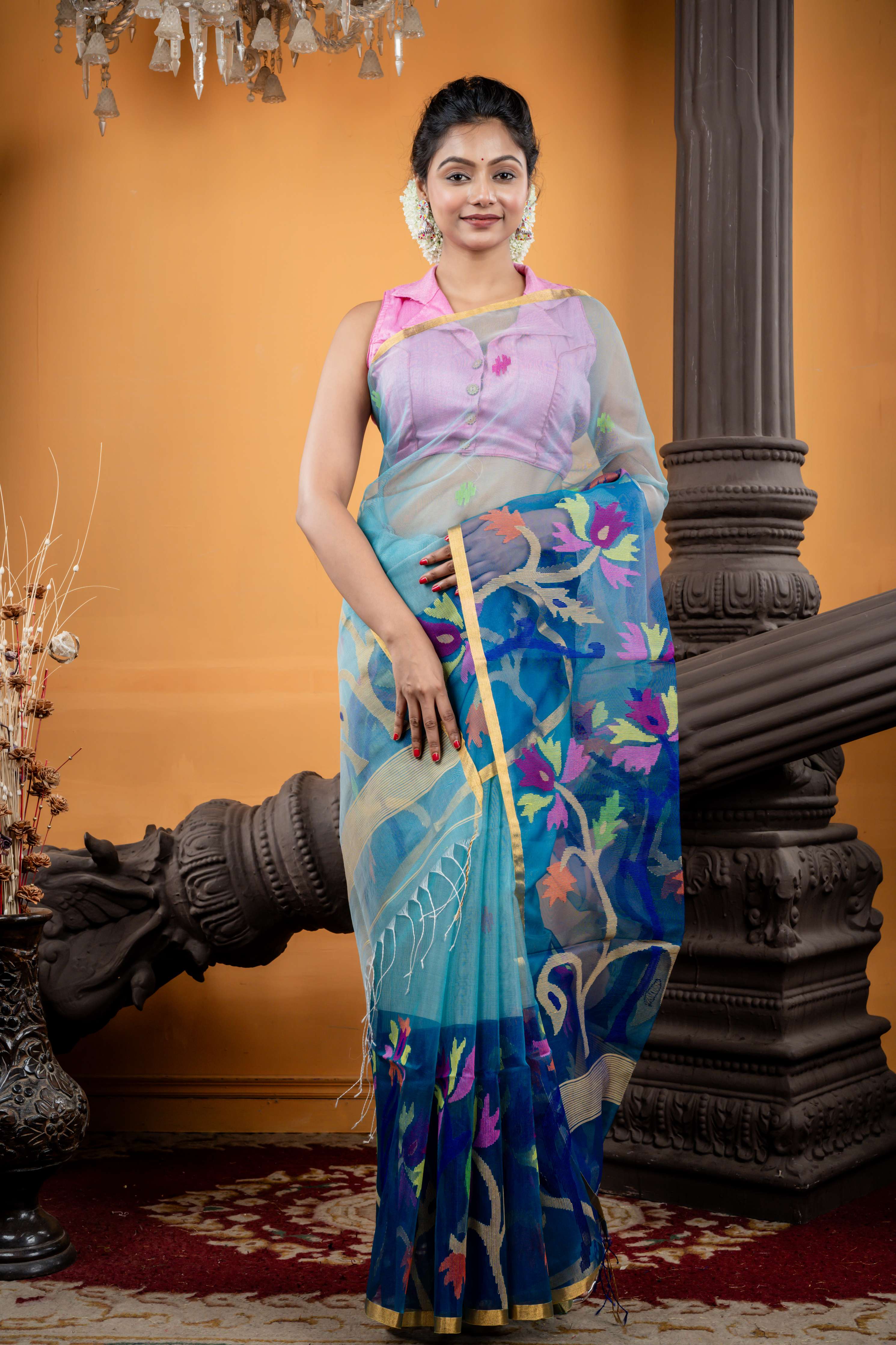 Nilaprabha || Aqua Blue Premium Muslin Bengal Handloom Saree with all over Multi-colour Jamdani Buta and Peacock Blue 'Mahapadh - Floral' Border & Pallu