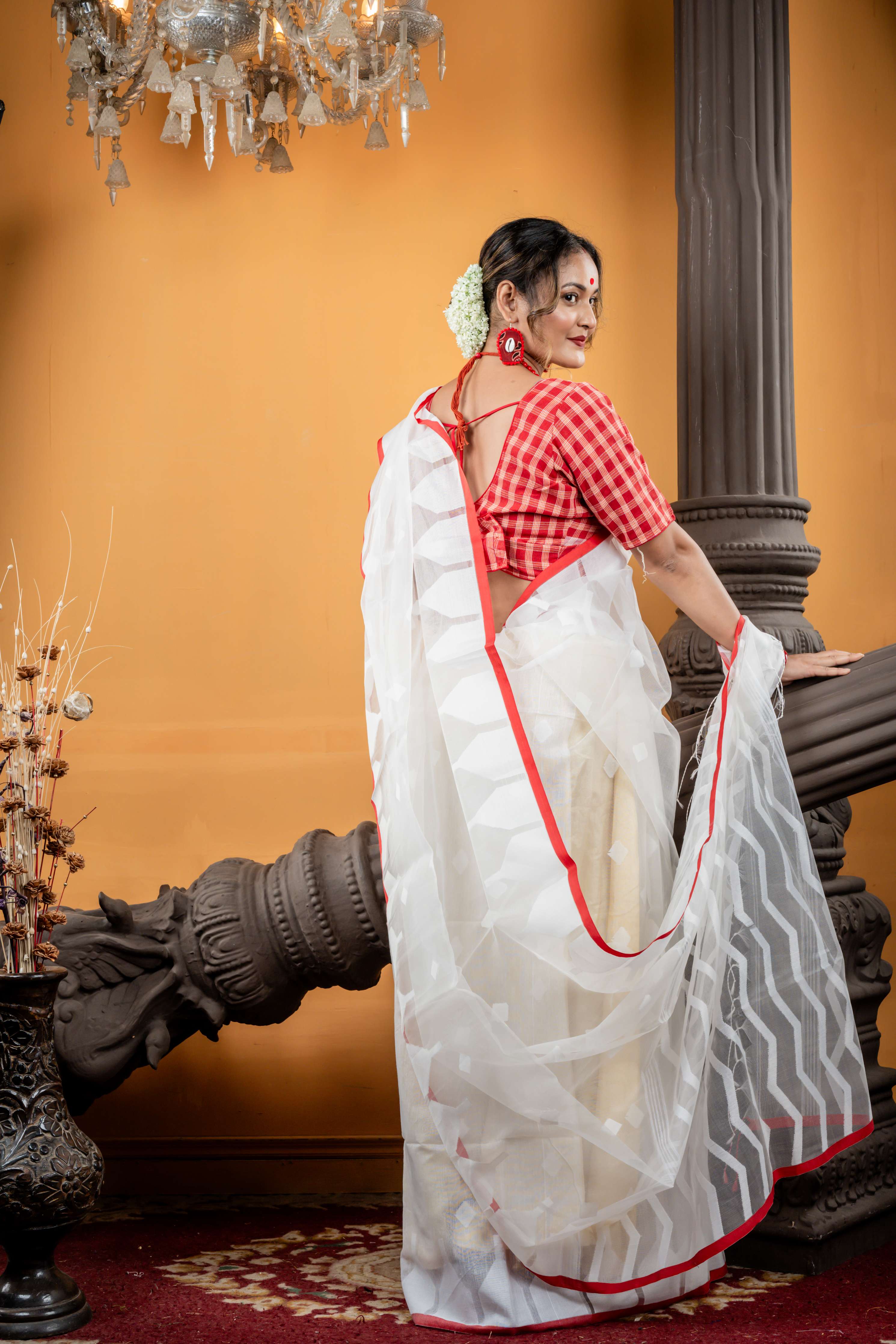 Shiuli || White Muslin Saree with all over White Resham Self Abstract Buta, ZigZag Stripe Pallu and Sleek Red Border with 'Temple' motifs