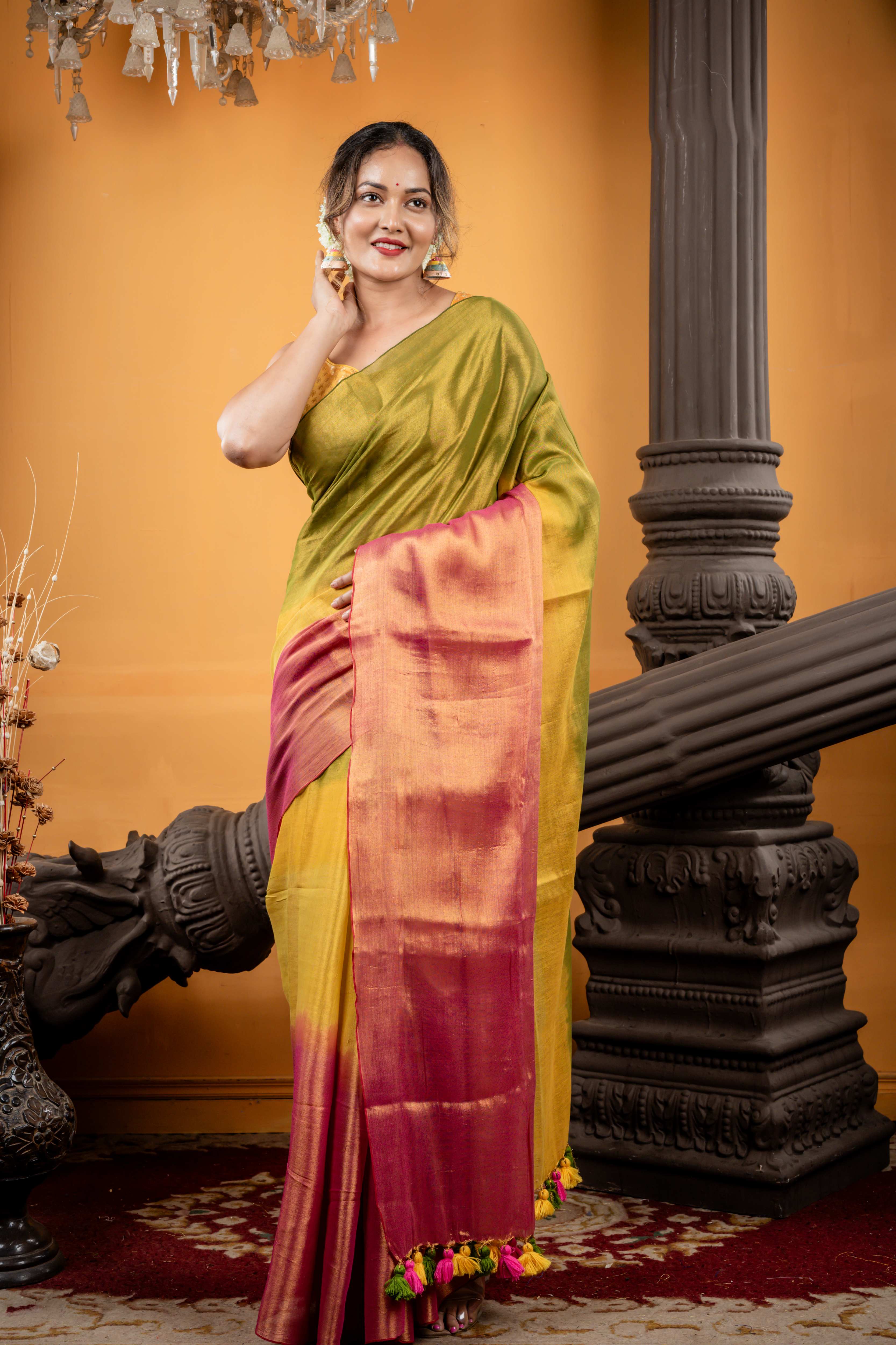 Aahiri || Metallic Olive Green, Mustard Yellow & Onion Pink tri-colour Ombre Pure Raga Linen Bengal Handloom Saree