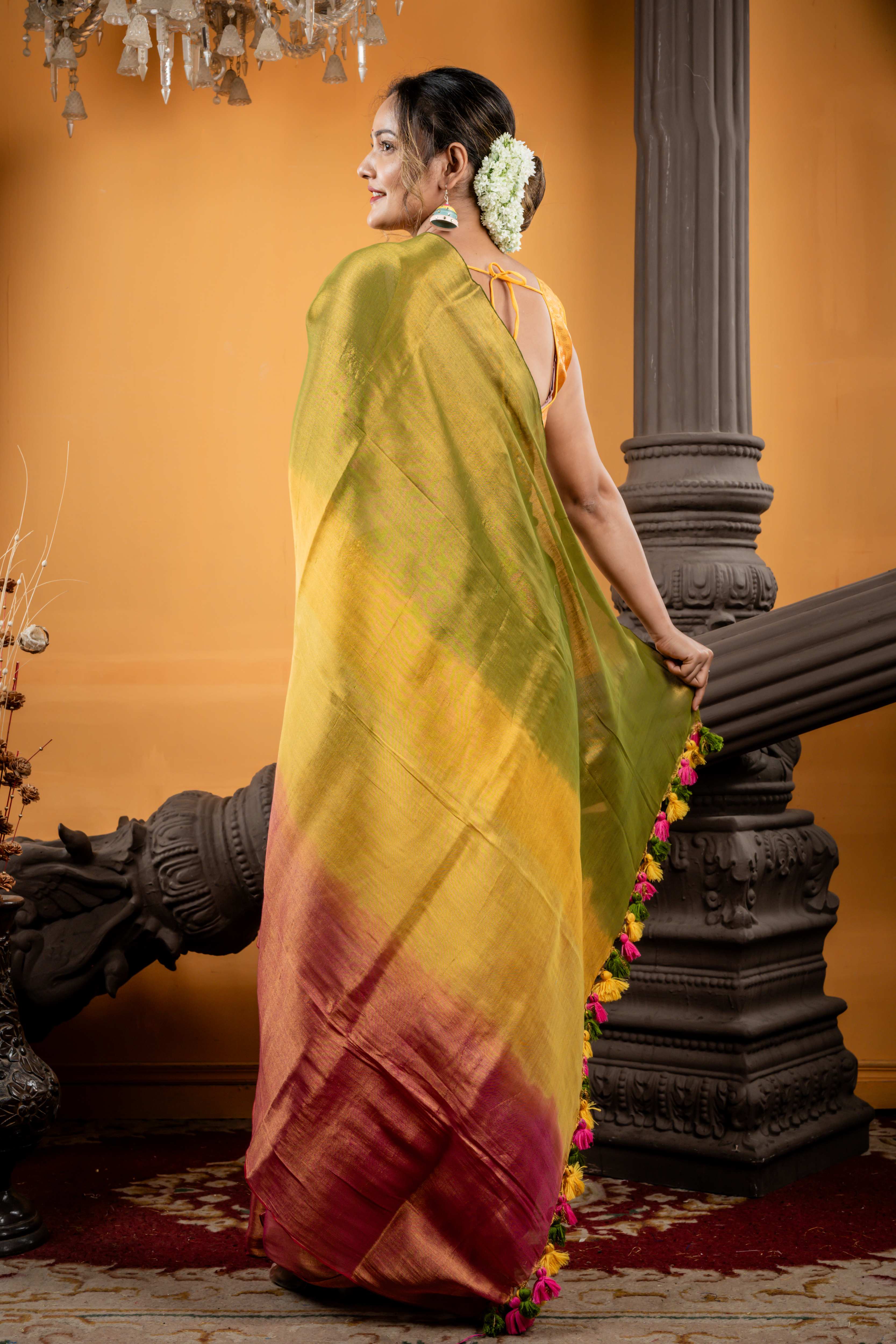 Aahiri || Metallic Olive Green, Mustard Yellow & Onion Pink tri-colour Ombre Pure Raga Linen Bengal Handloom Saree