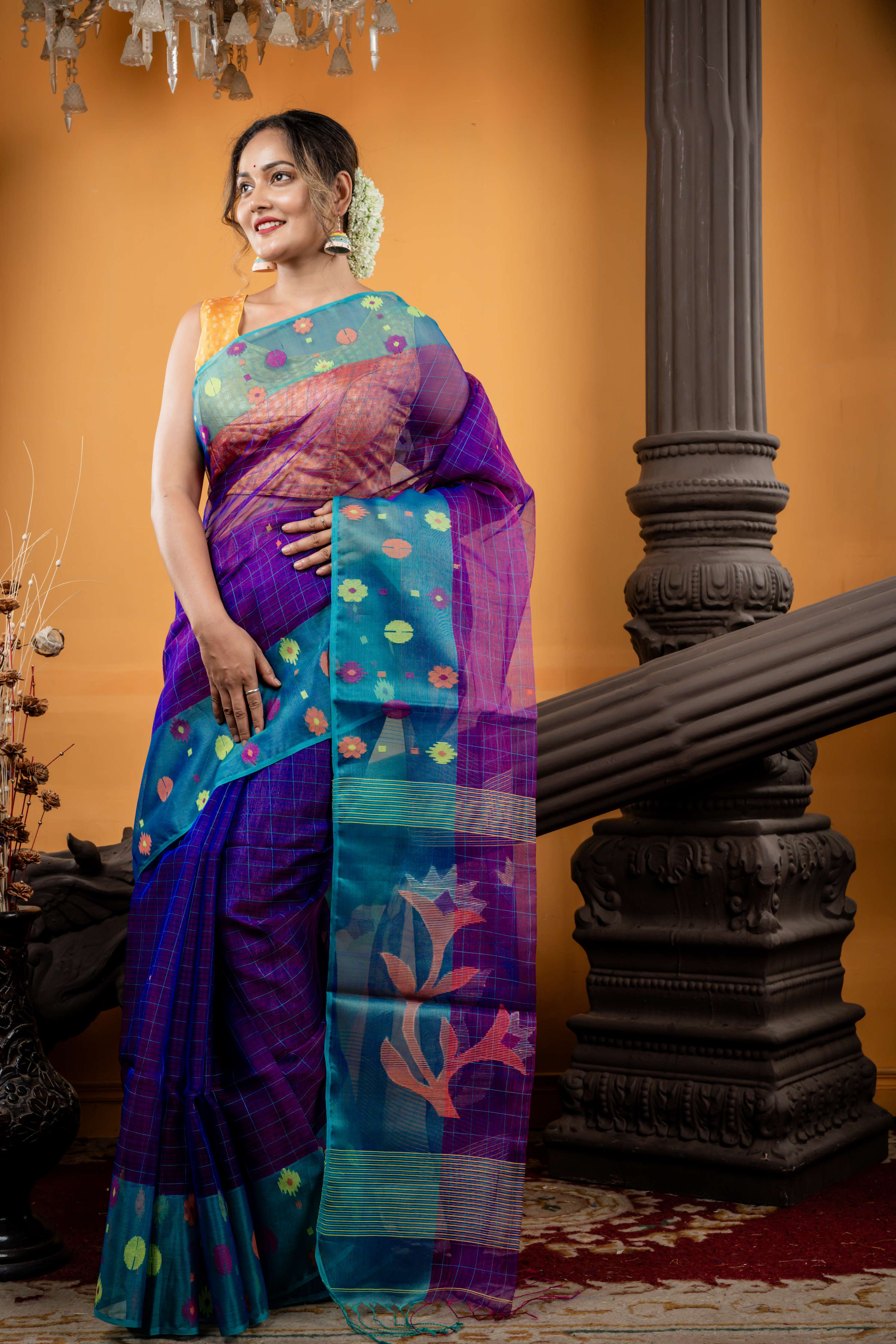 Prohor || Violet Premium Muslin Bengal Handloom Saree with all over Teal Green Checks & Border with Multi-colour Jamdani Buta and Floral Pallu