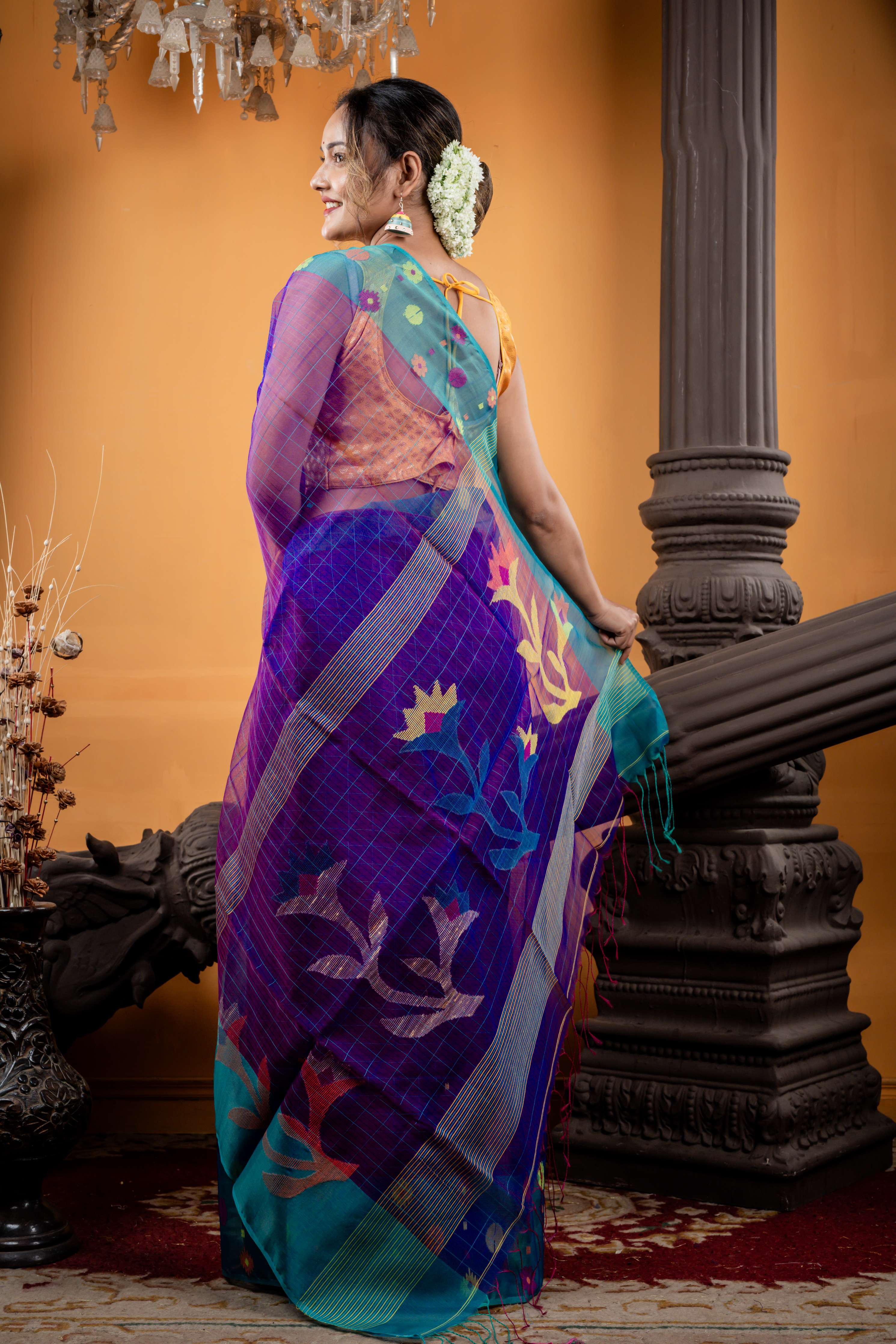 Prohor || Violet Premium Muslin Bengal Handloom Saree with all over Teal Green Checks & Border with Multi-colour Jamdani Buta and Floral Pallu