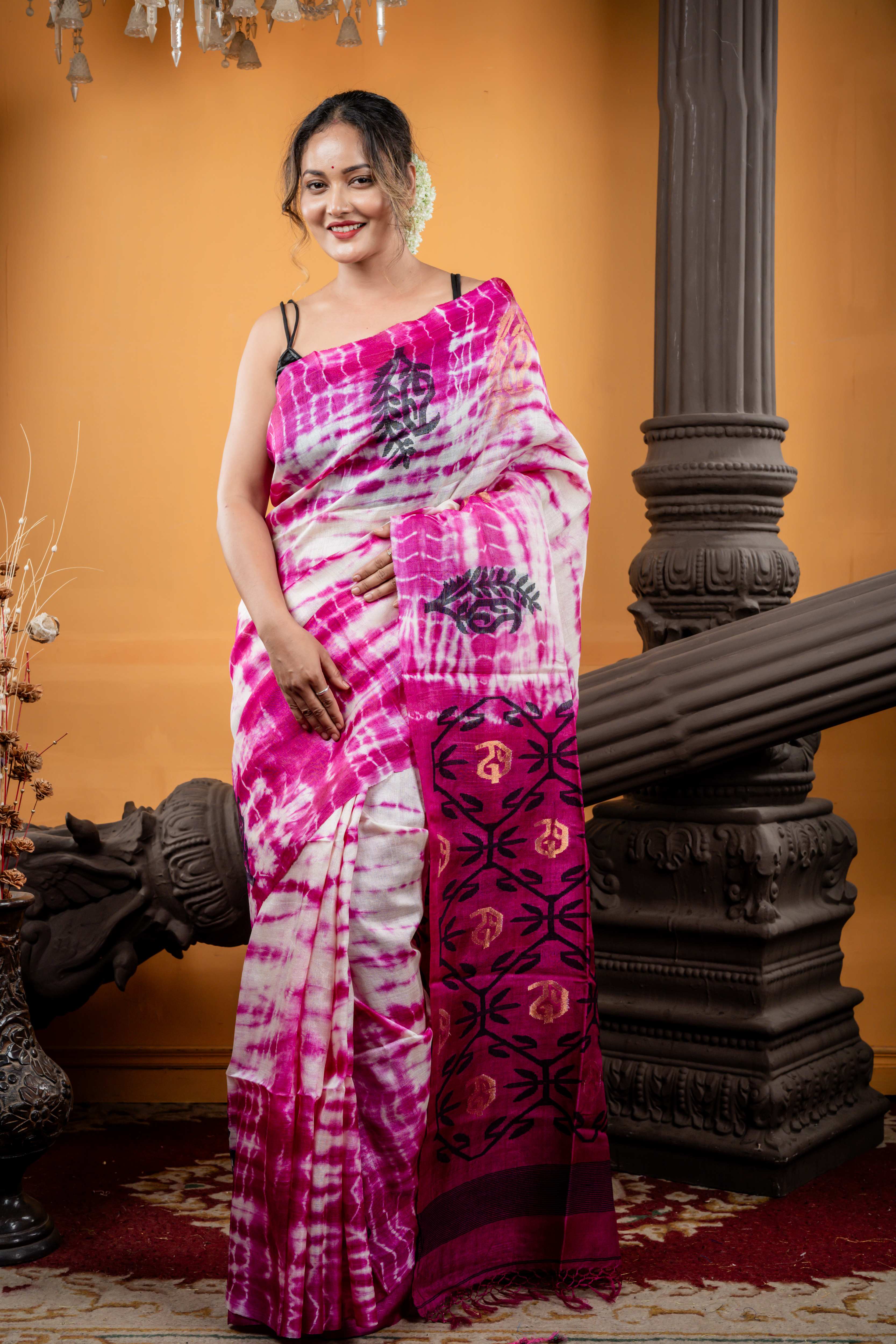 Barnali || Purple & White Tie & Dye Pure Tussar Silk Handloom Saree with Black & Antique Gold 'Aam Kalka' - Floral motif Jamdani Buta Border & Jaal Pallu