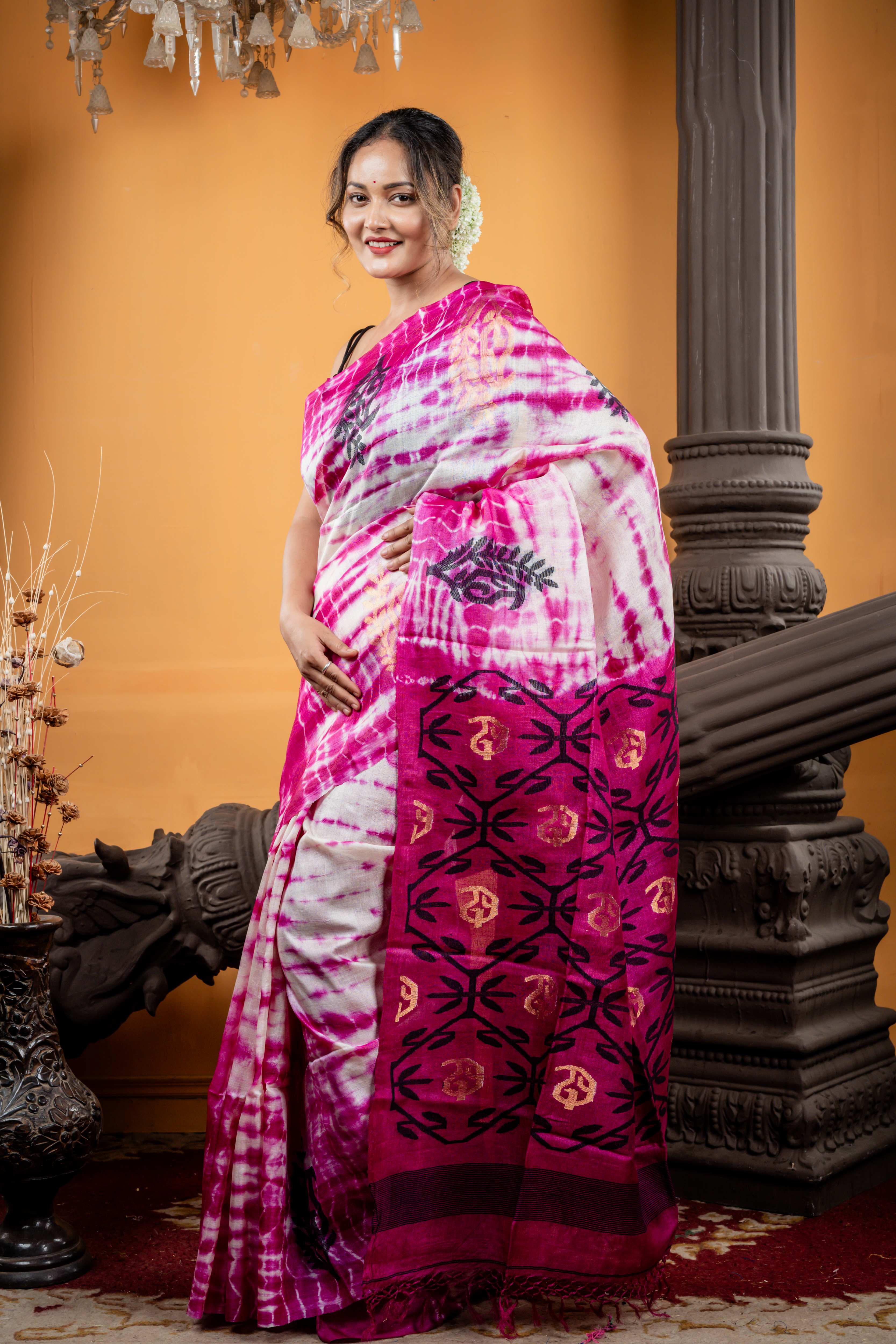 Barnali || Purple & White Tie & Dye Pure Tussar Silk Handloom Saree with Black & Antique Gold 'Aam Kalka' - Floral motif Jamdani Buta Border & Jaal Pallu