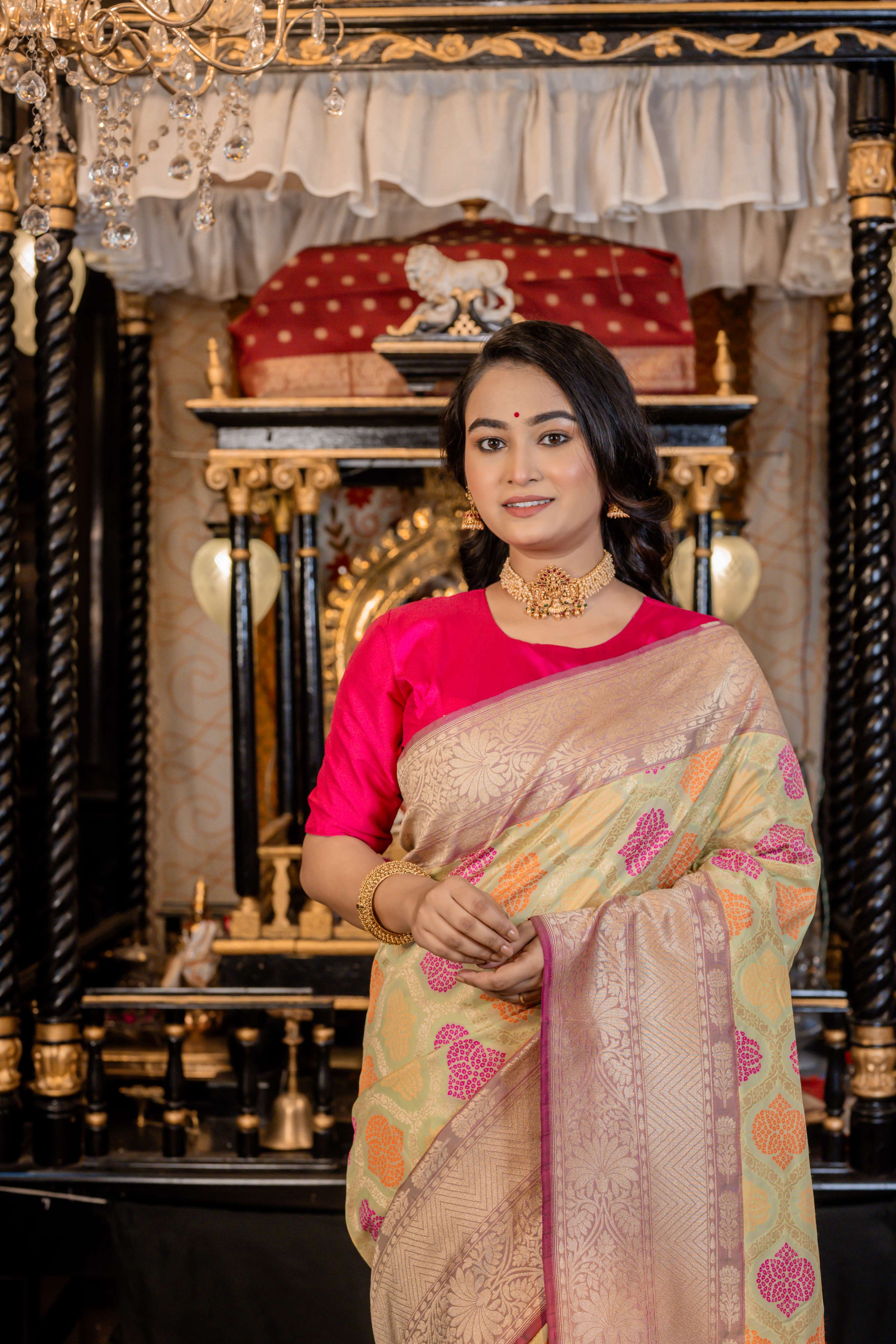 Mahika || Mint Green Matka Silk Banarasi Saree with all over Orange & Magenta Buta and Jaal woven in Matte Gold Zari