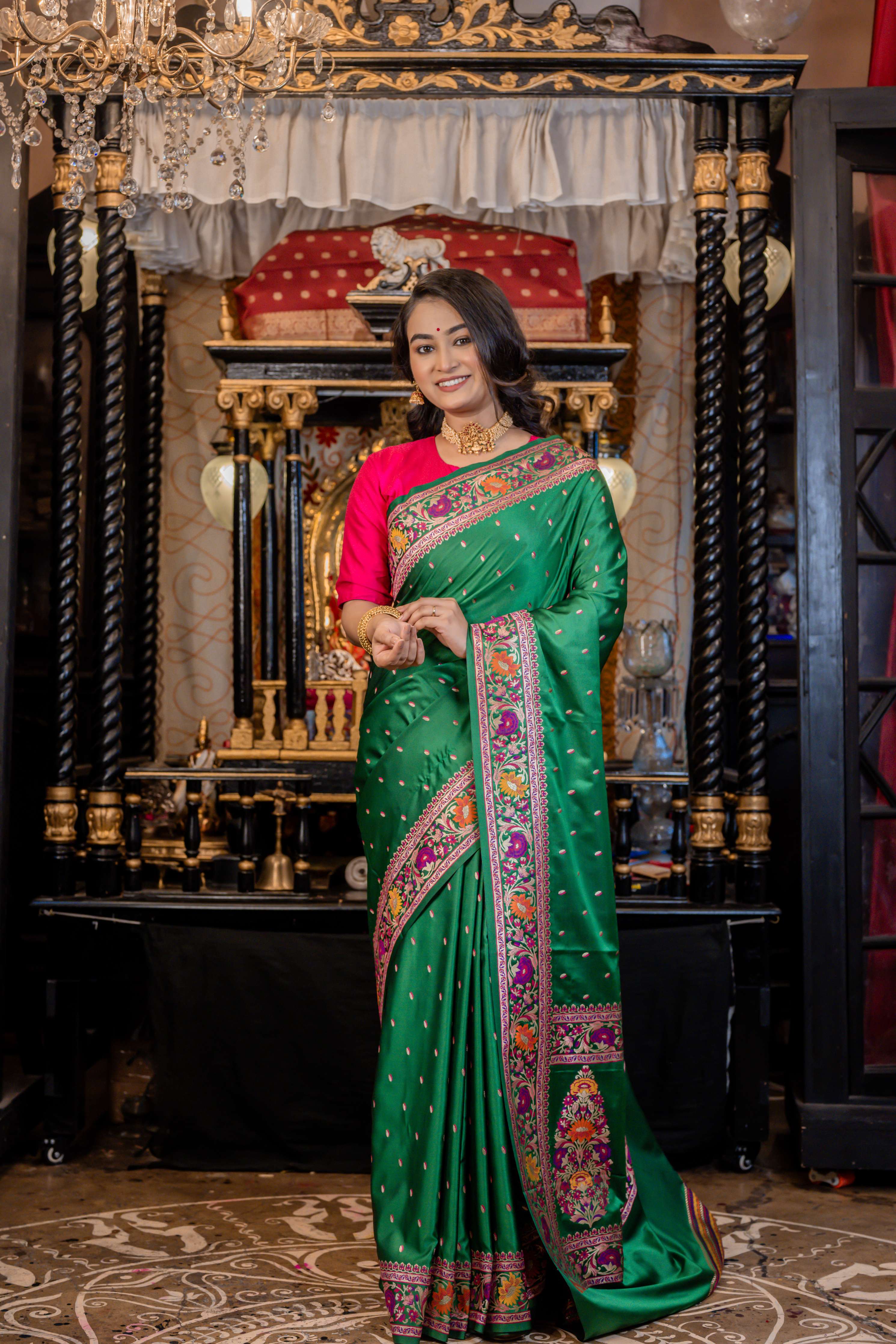 Aaranya || Forest Green Mashru Silk Banarasi Saree with all over Matte Gold Zari & multi-colour Meenakari Buta and Floral border