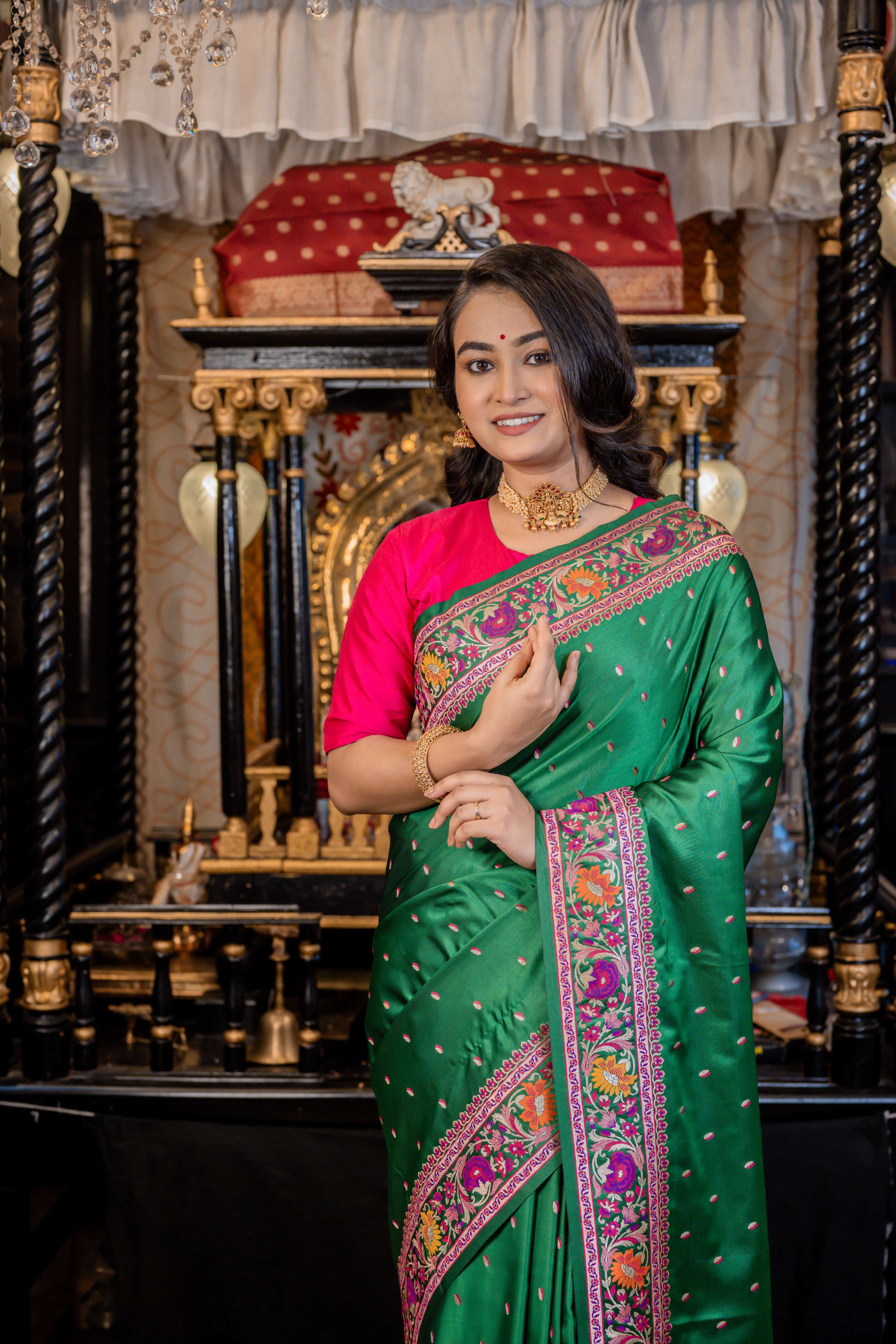 Aaranya || Forest Green Mashru Silk Banarasi Saree with all over Matte Gold Zari & multi-colour Meenakari Buta and Floral border