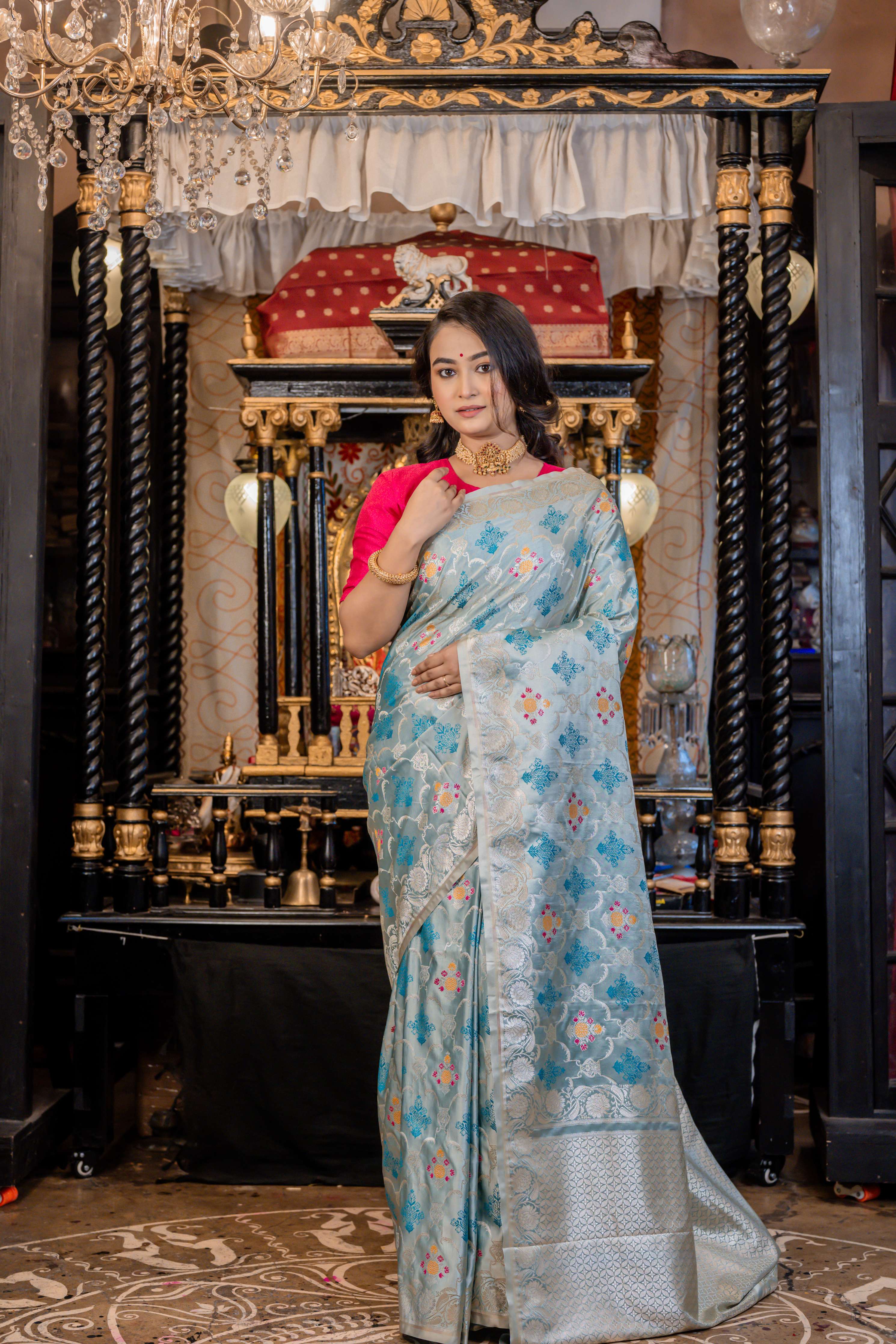 Himani || Ice Blue Mashru Silk Banarasi Saree with all over Silver Zari Jaal and Buta with multi-colour Meenakari highlights