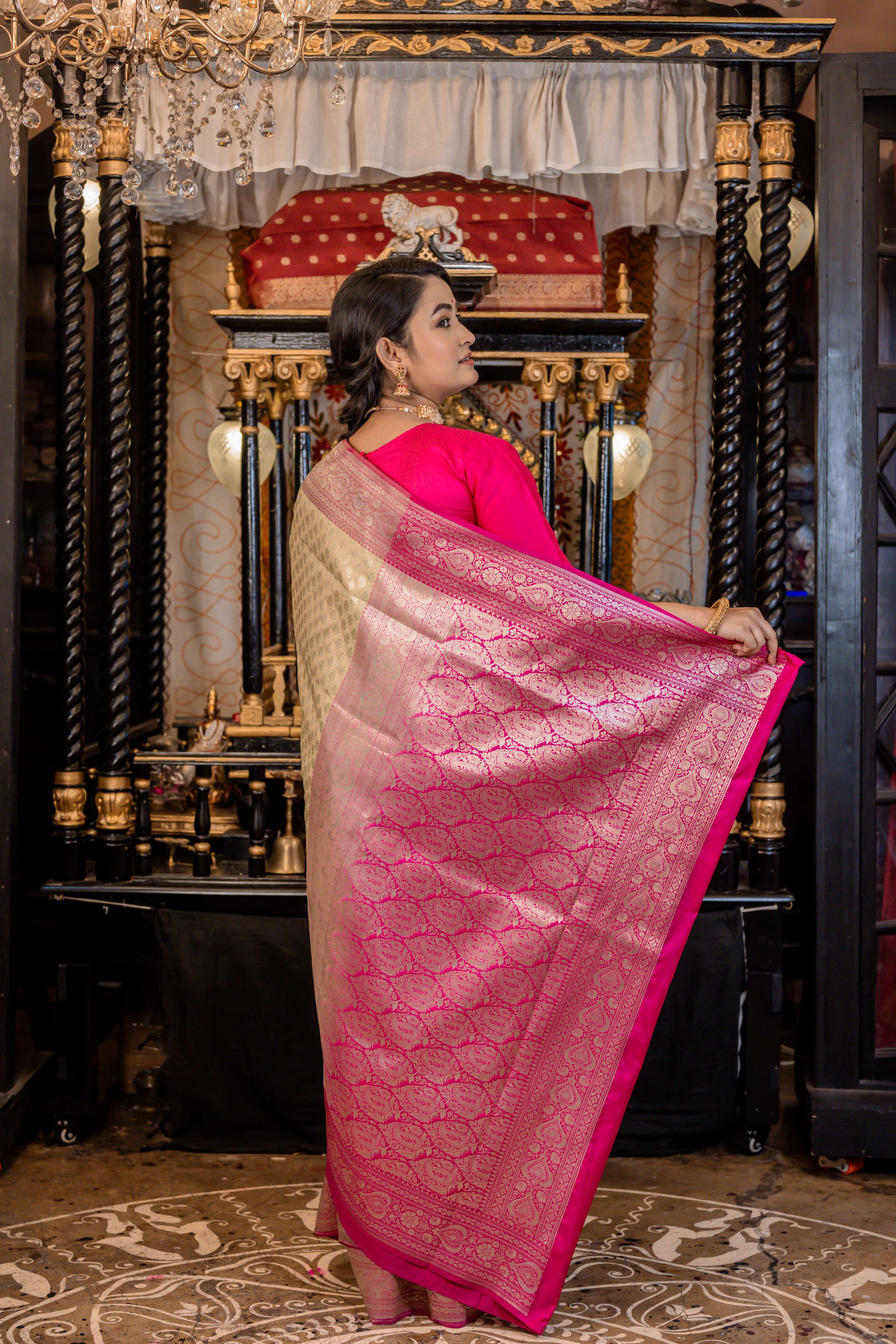 Vrishti || Light Pista Green Soft Katan Banarasi Saree with all over Matte Gold Zari Floral Buti and Magenta border