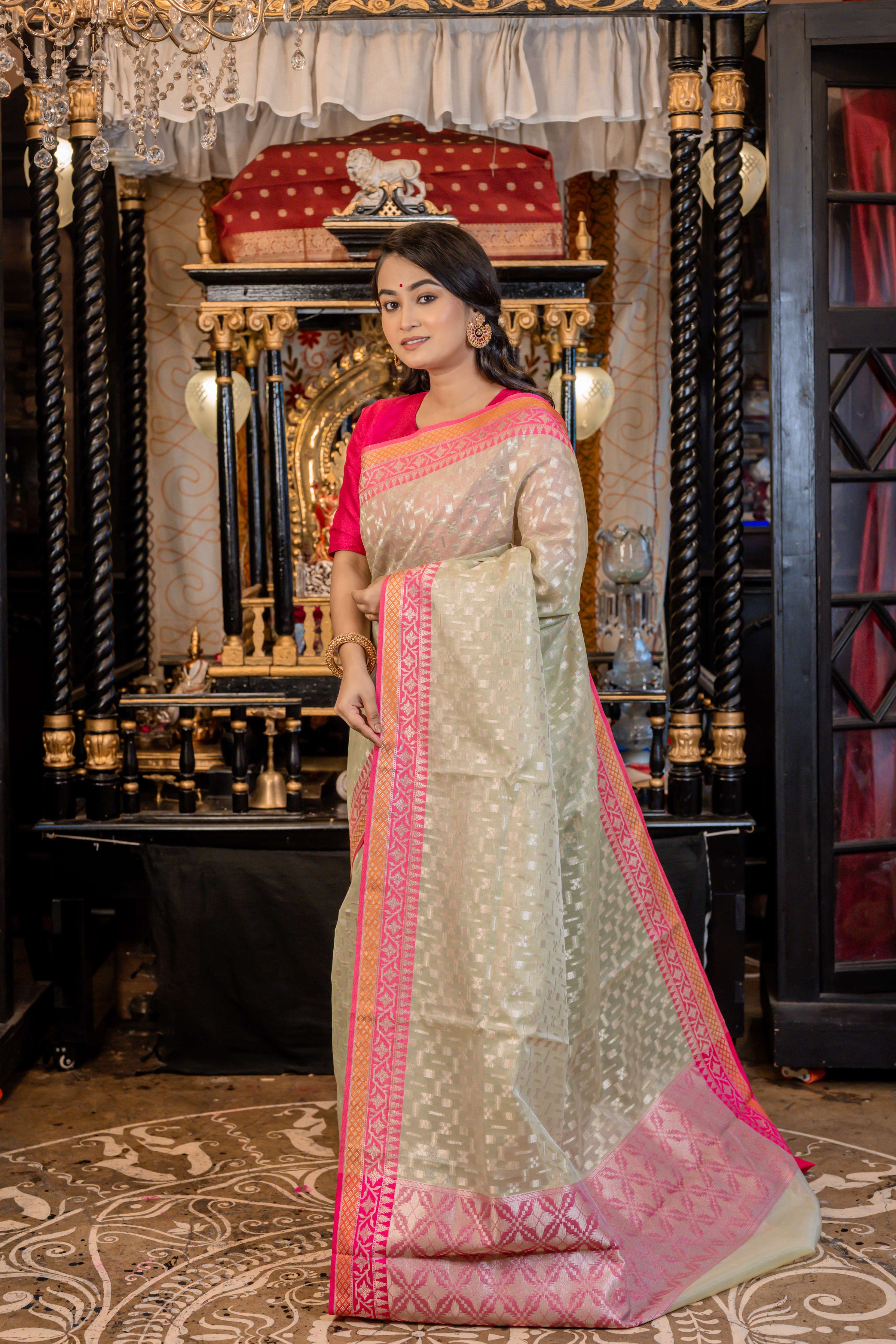 Akriti || Metallic Mint Green Organza Banarasi Saree with all over Matte Gold Zari Abstract Buta and Fuchsia Pink Border