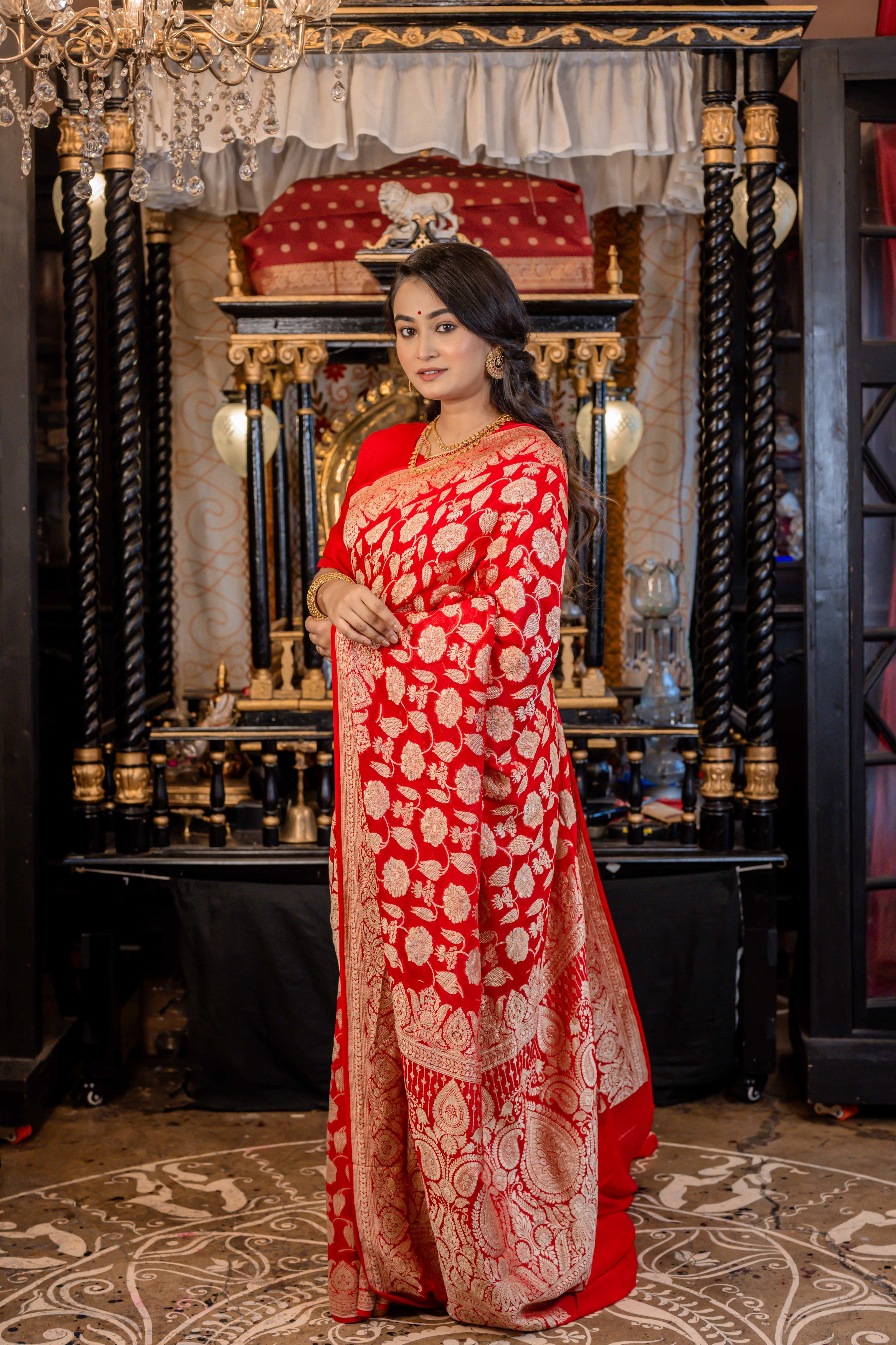 Alankrita || Vermillion Red Khaddi Georgette Banarasi Saree with all over Jangla in Matte Gold Zari