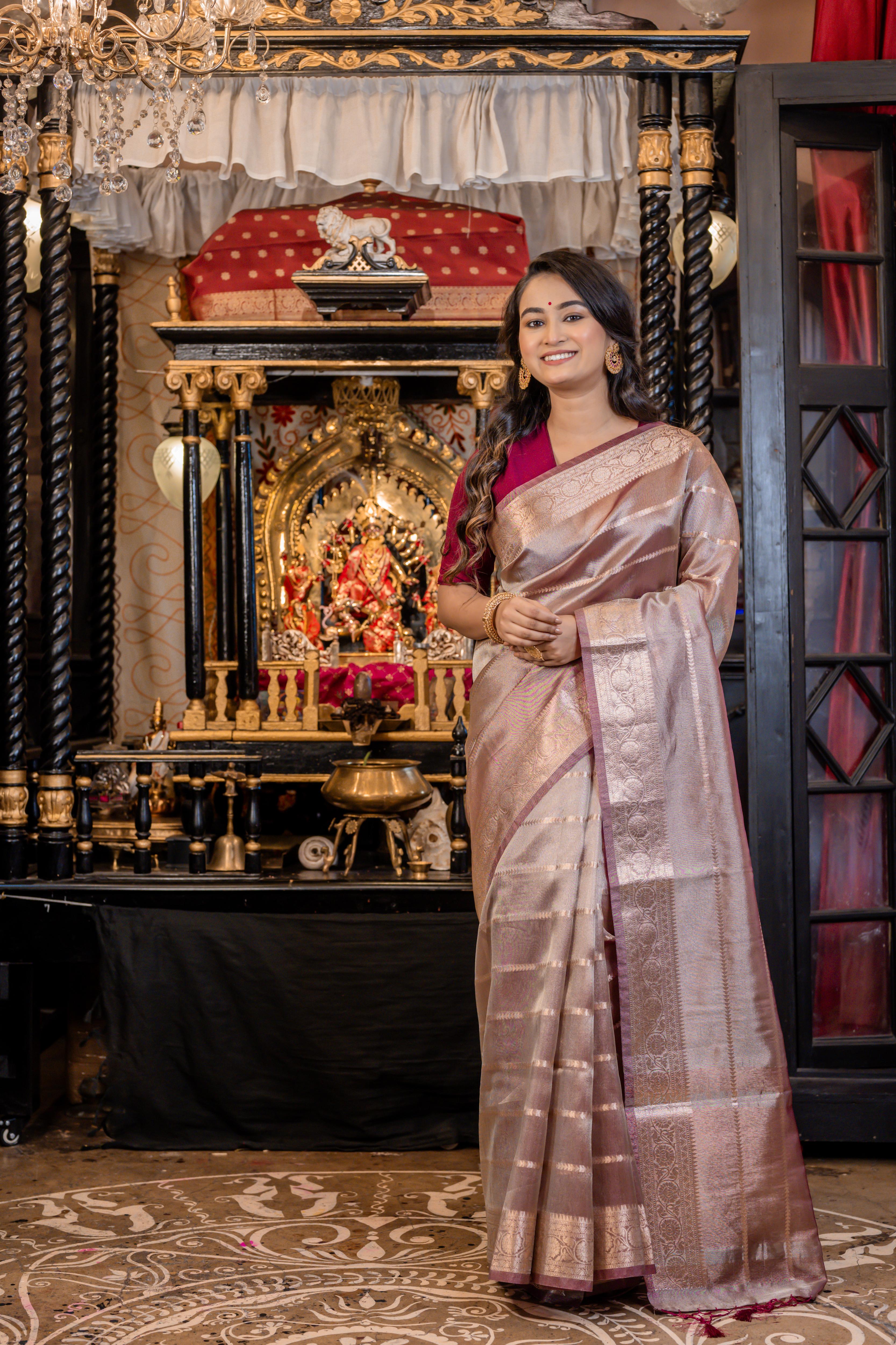 Zara || Onion Pink & Copper Brown Dual Tone Tissue Silk Banarasi Saree with all over Matte Copper Zari Stripes