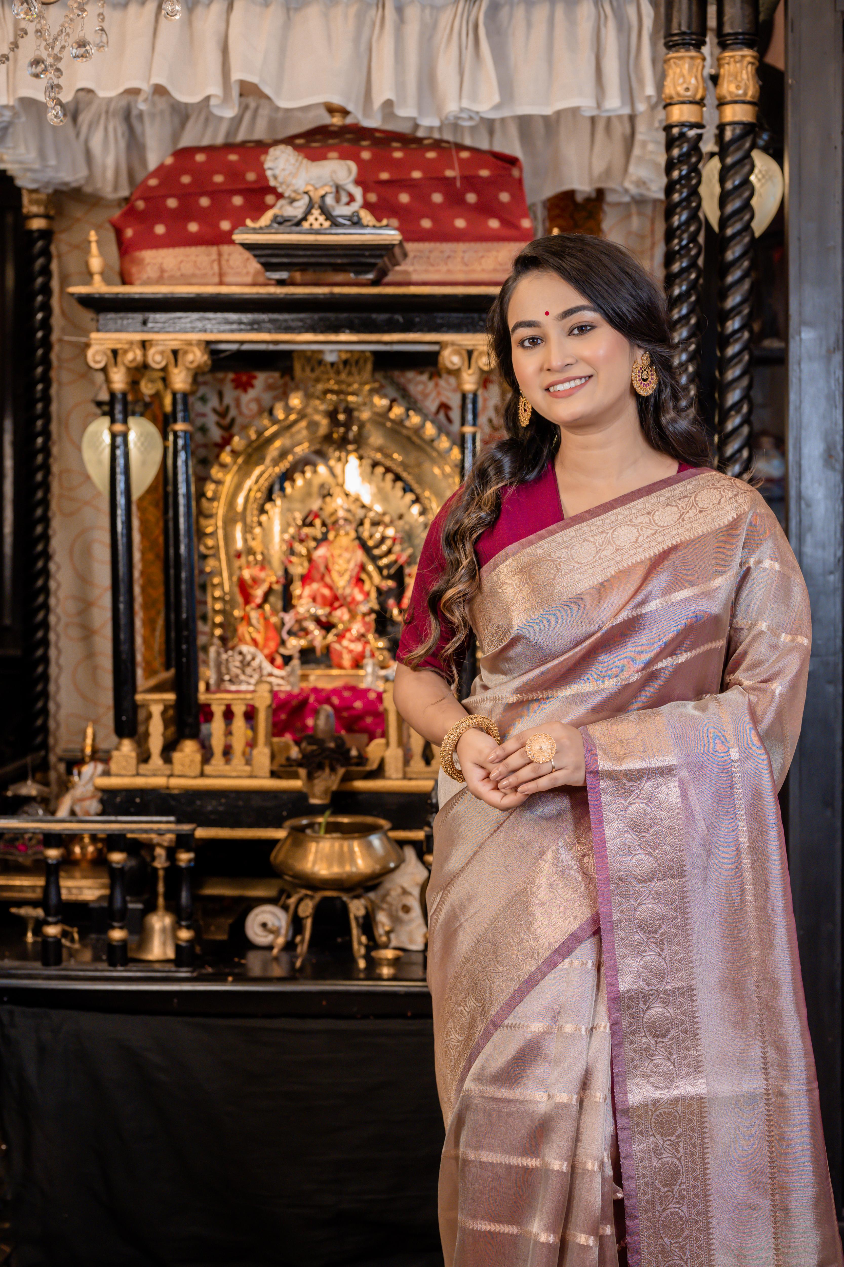 Zara || Onion Pink & Copper Brown Dual Tone Tissue Silk Banarasi Saree with all over Matte Copper Zari Stripes